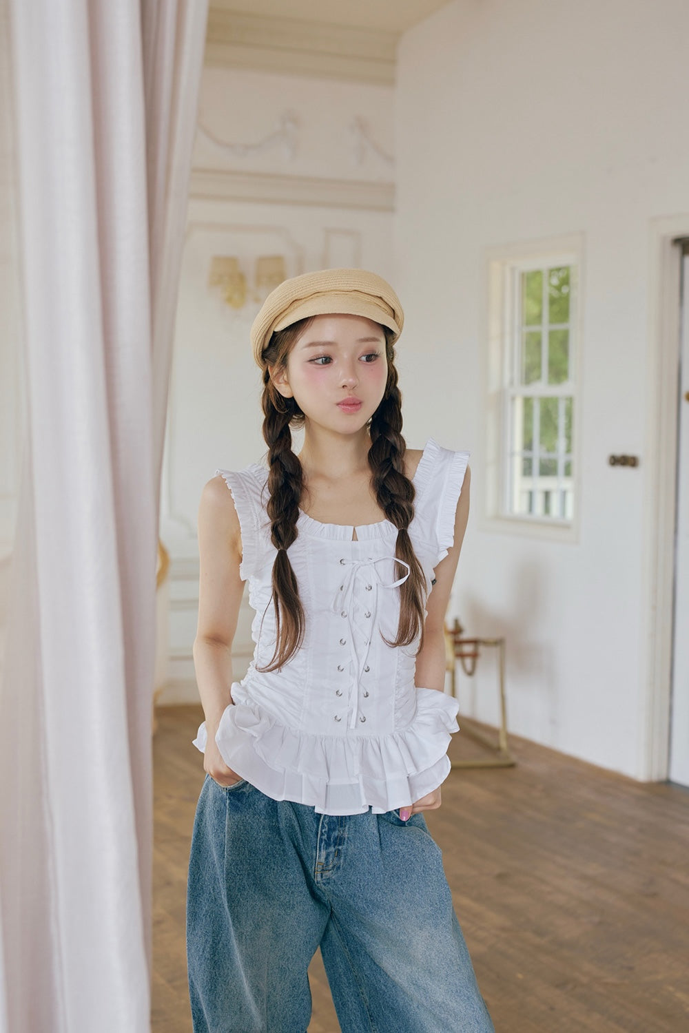 Cotton frill lace-up tops
