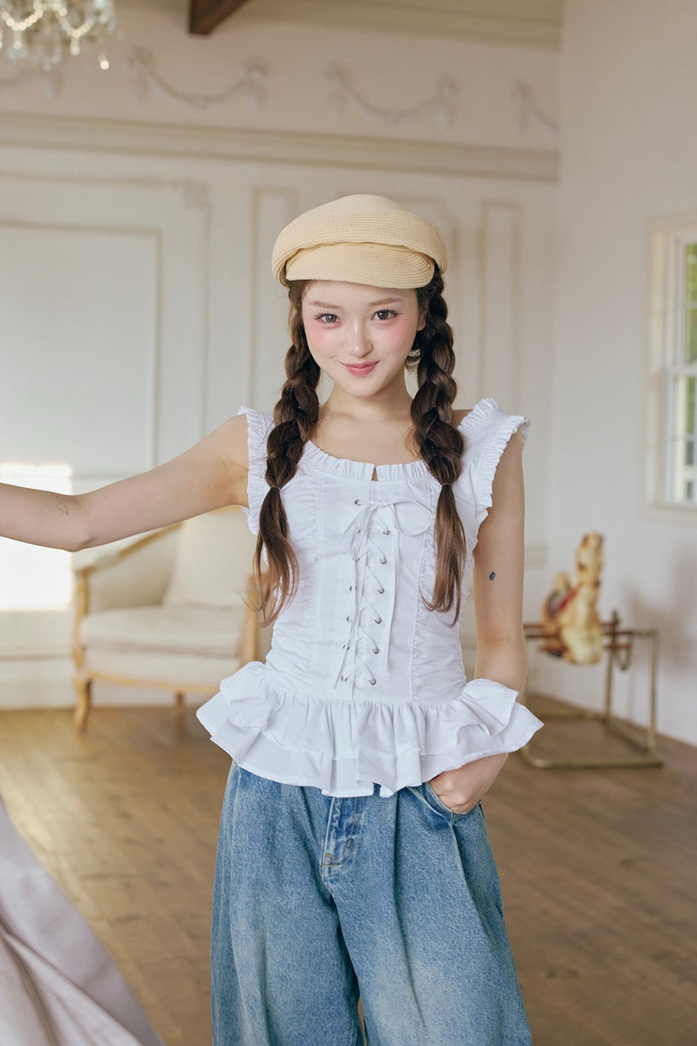 Cotton frill lace-up tops