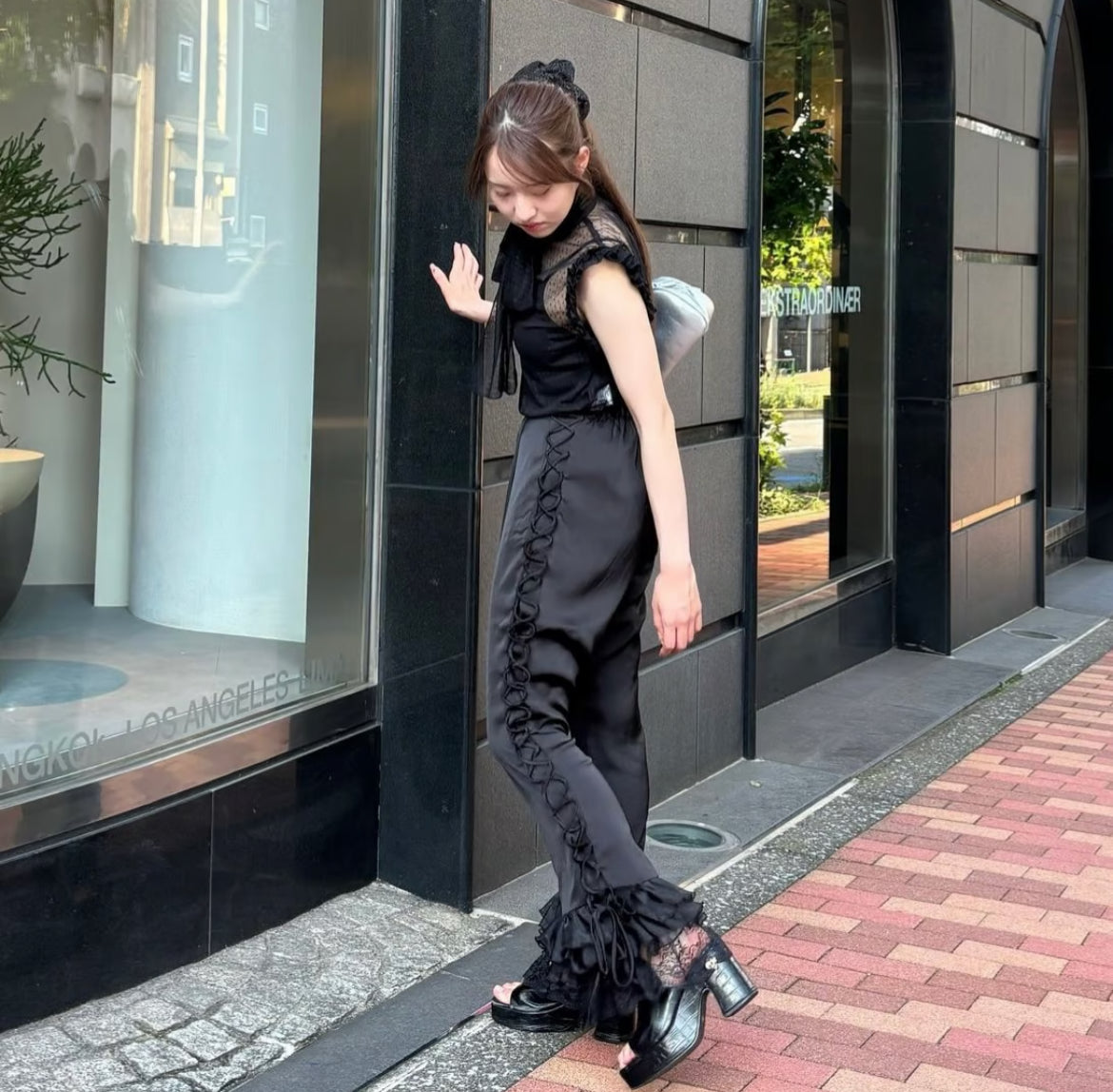 lace up frill pants(black)