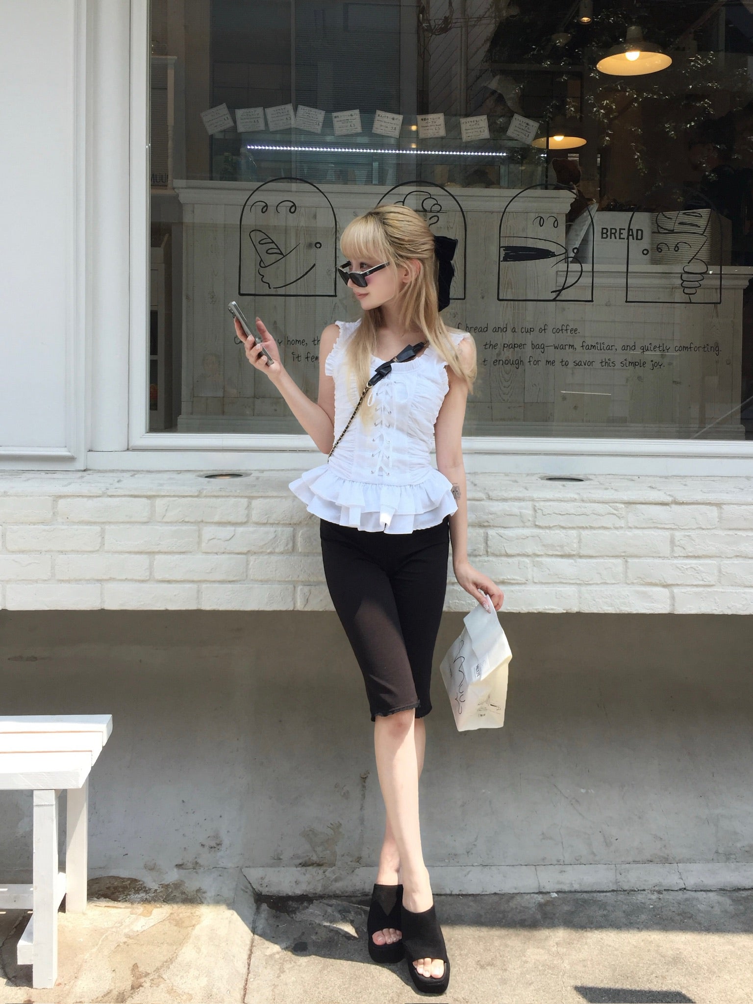 Cotton frill lace-up tops
