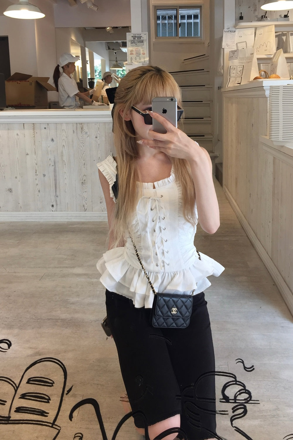 Cotton frill lace-up tops