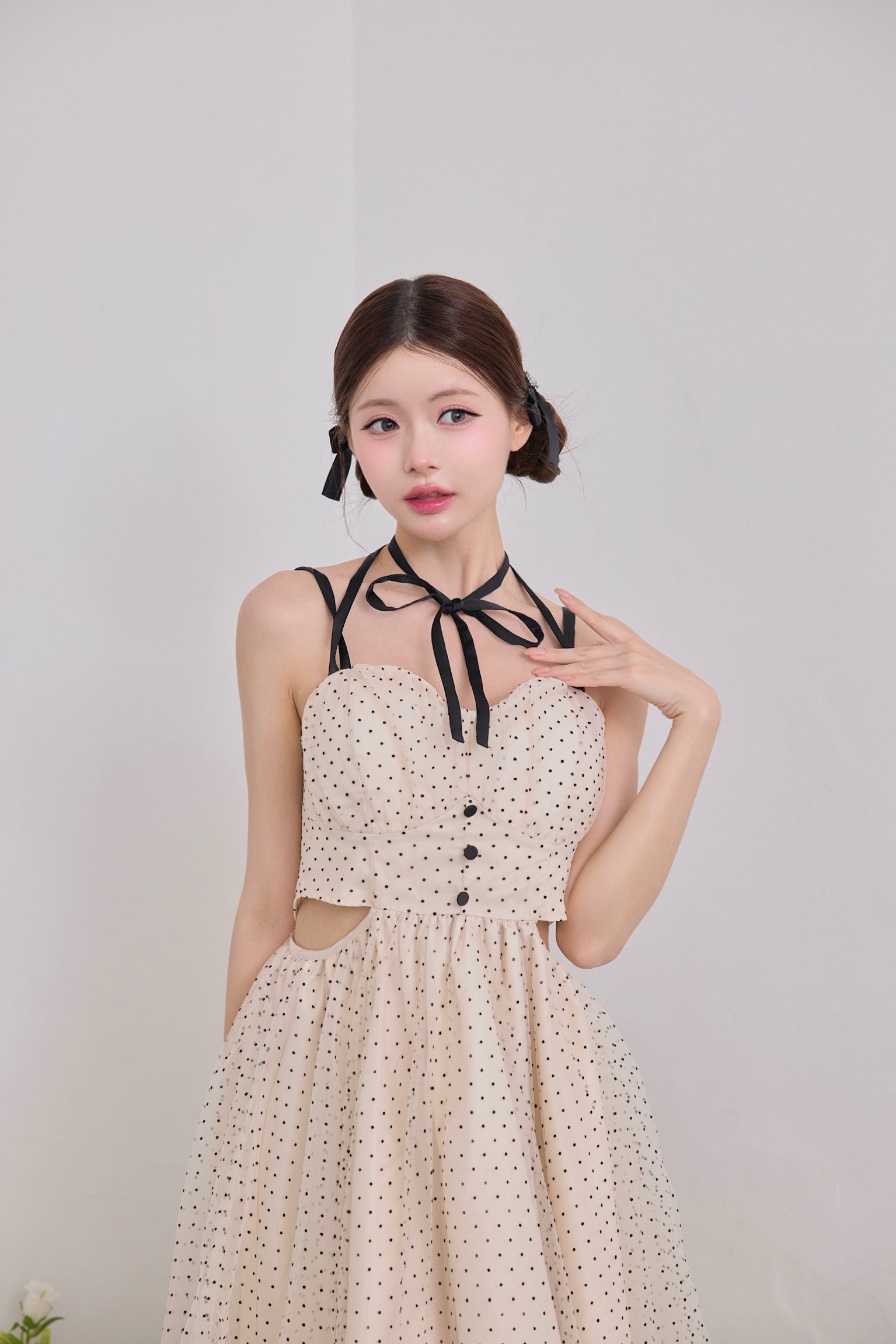 Dot tulle ribbon long dress
