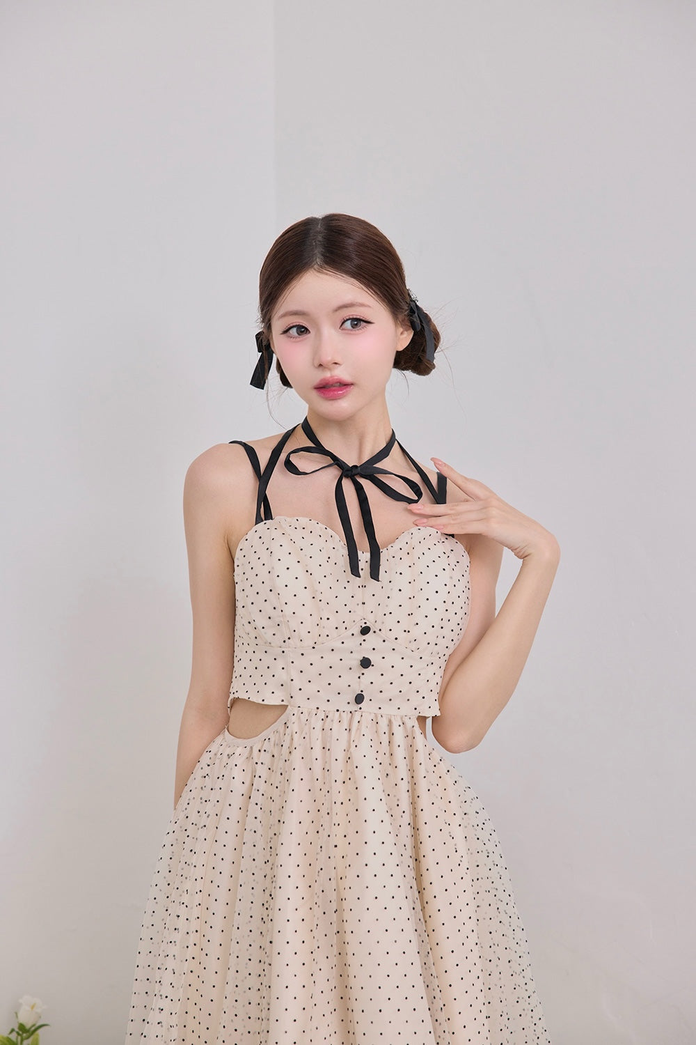 Dot tulle ribbon long dress