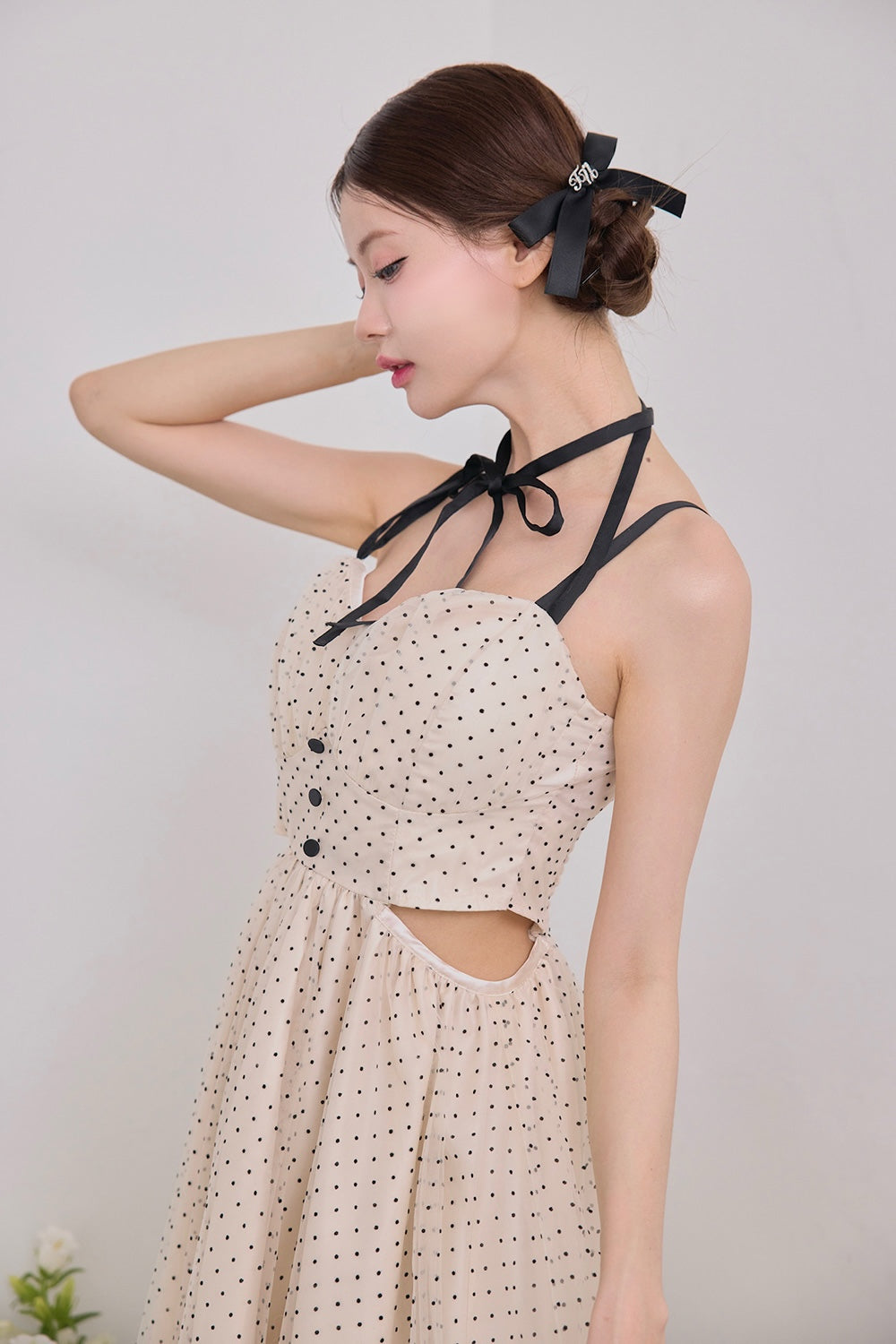 Dot tulle ribbon long dress