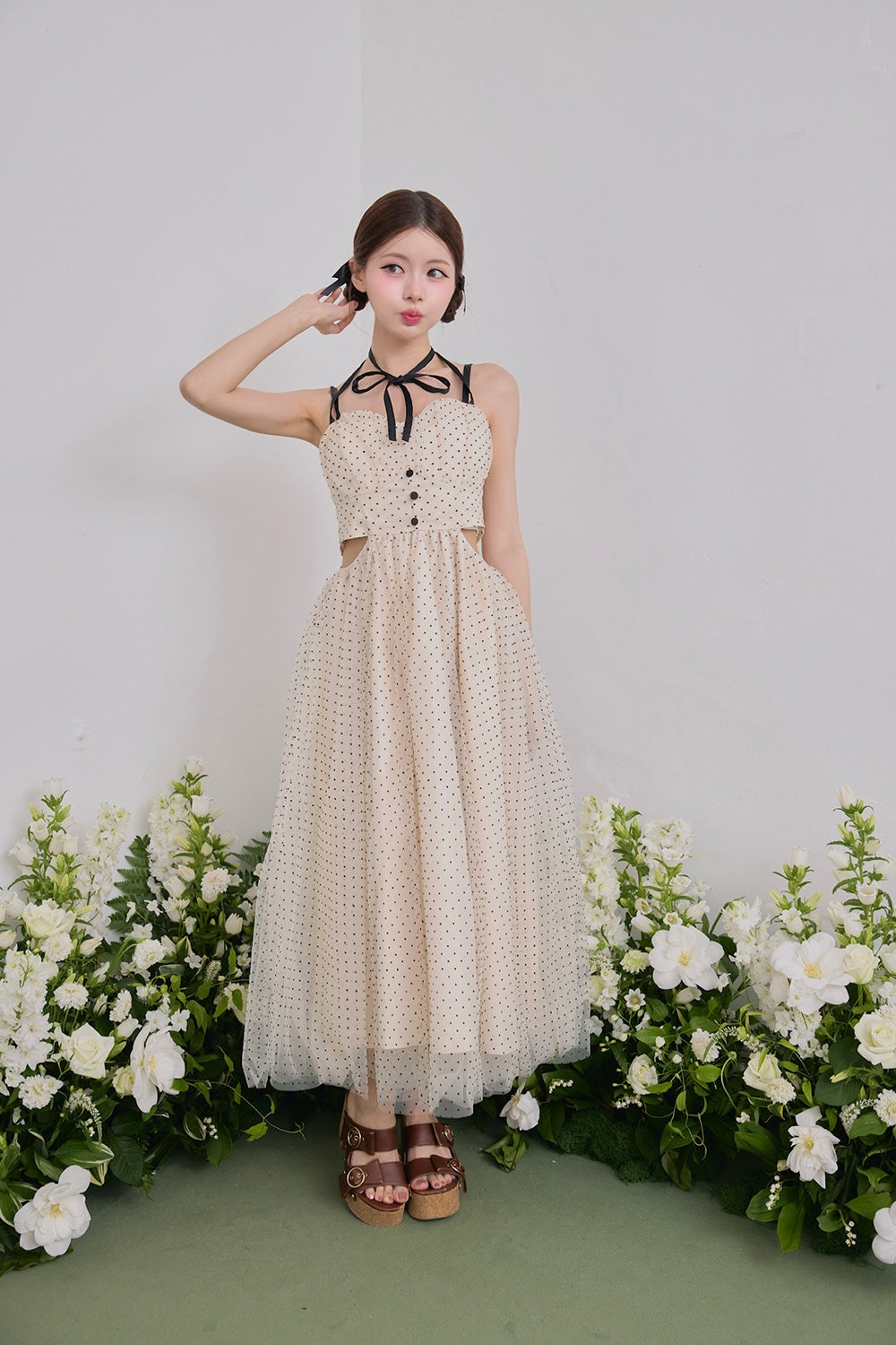 Dot tulle ribbon long dress