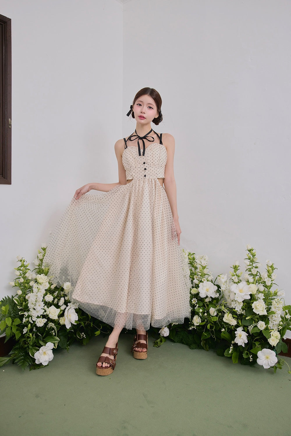 Dot tulle ribbon long dress