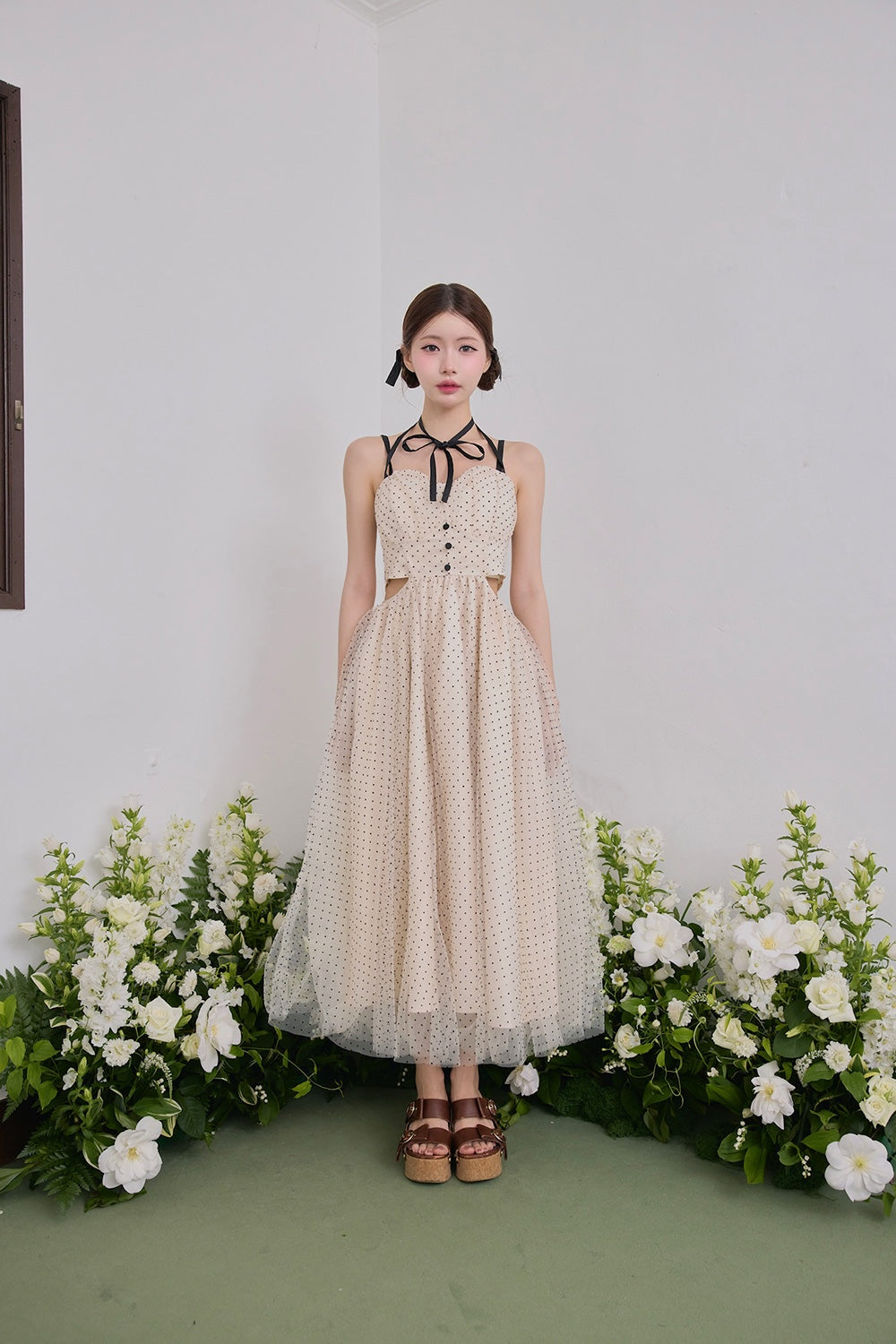 Dot tulle ribbon long dress