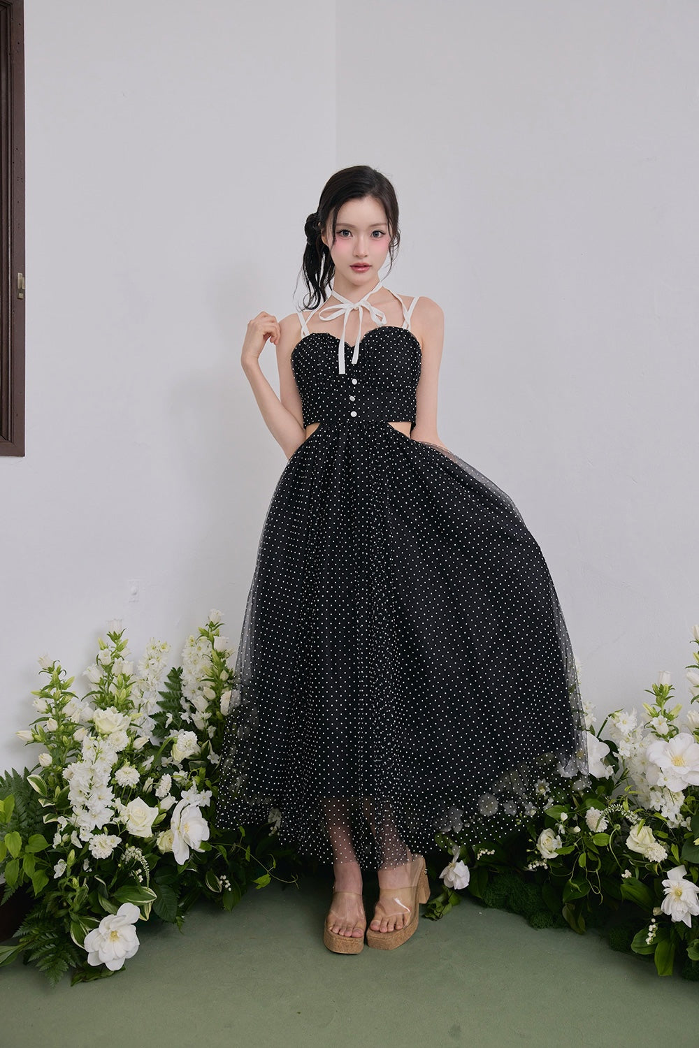 Dot tulle ribbon long dress
