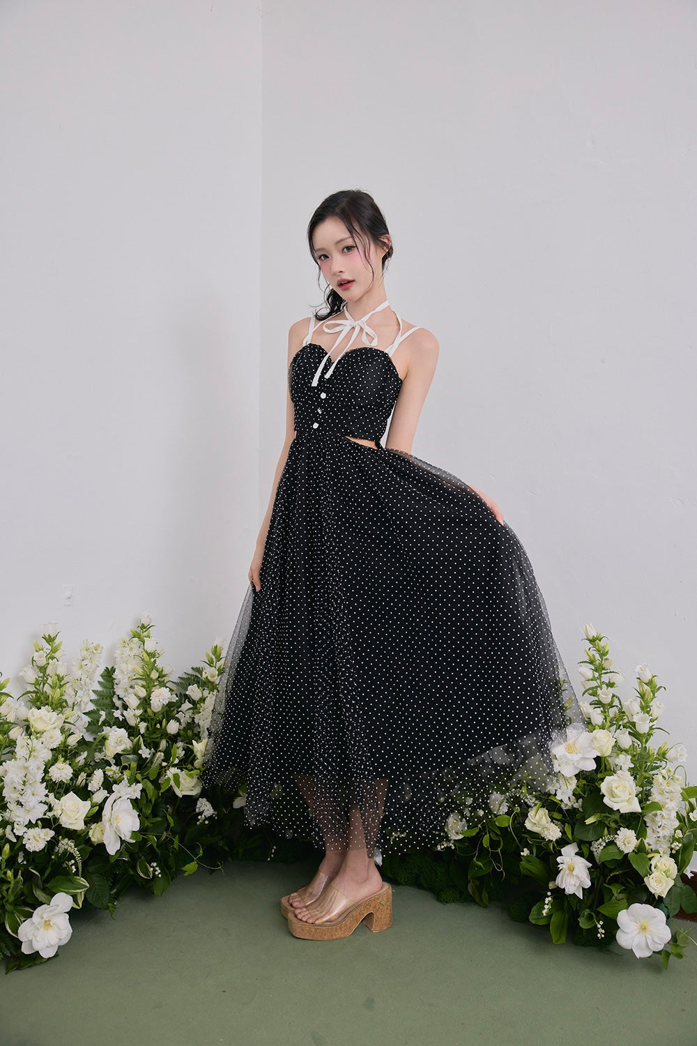 Dot tulle ribbon long dress