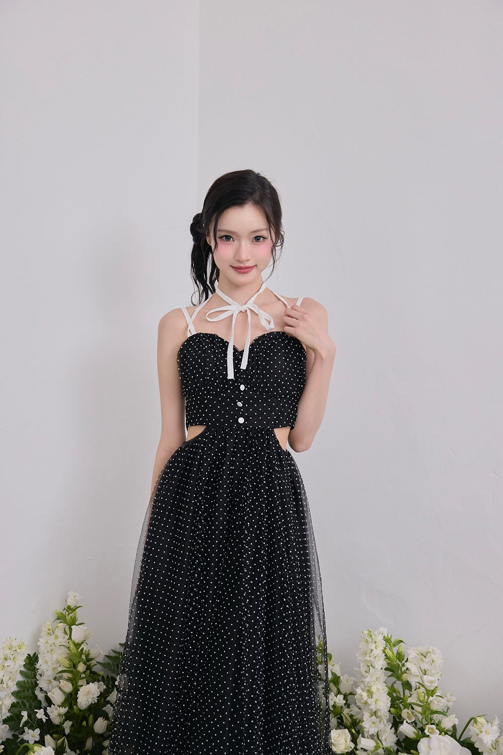 Dot tulle ribbon long dress