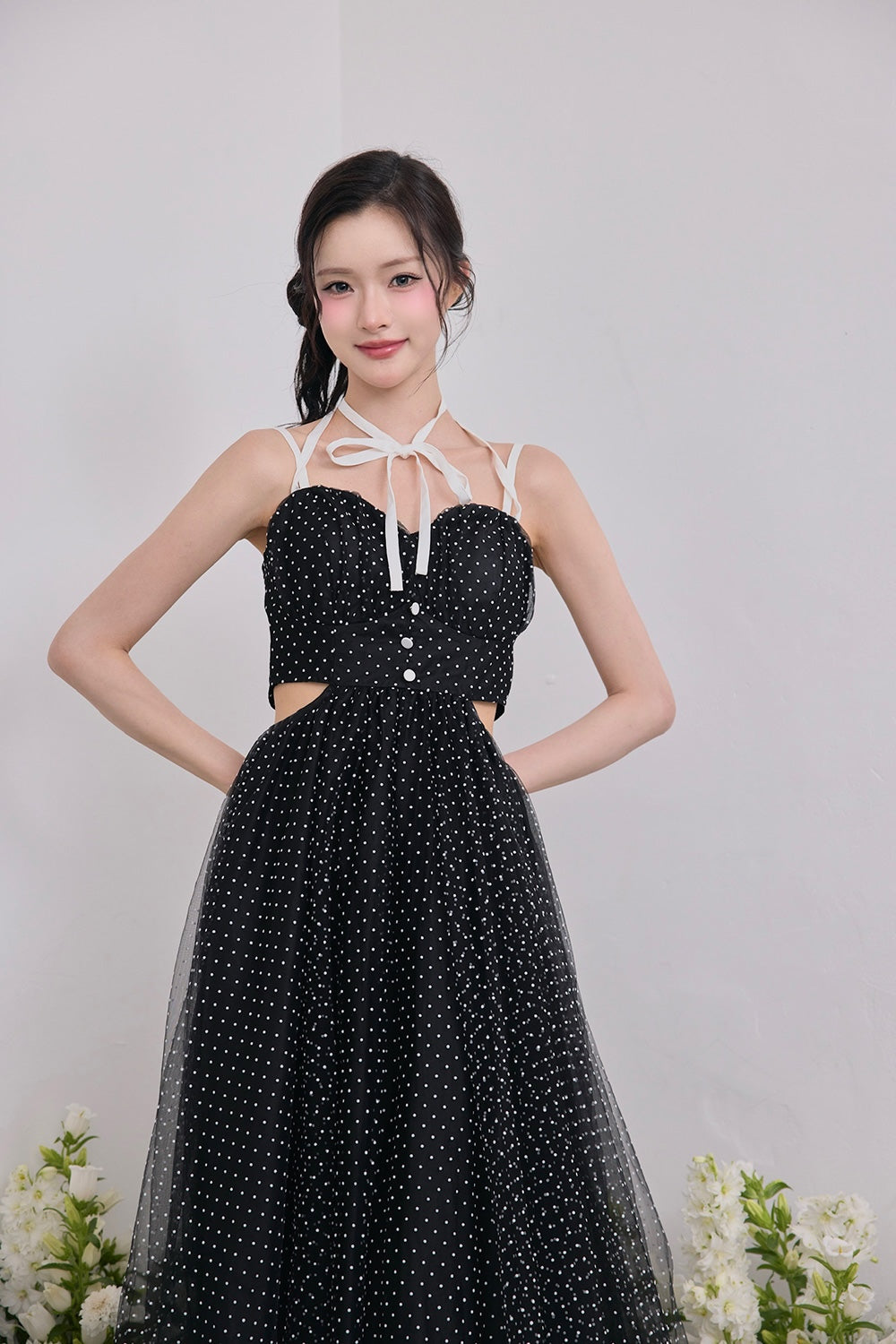 Dot tulle ribbon long dress