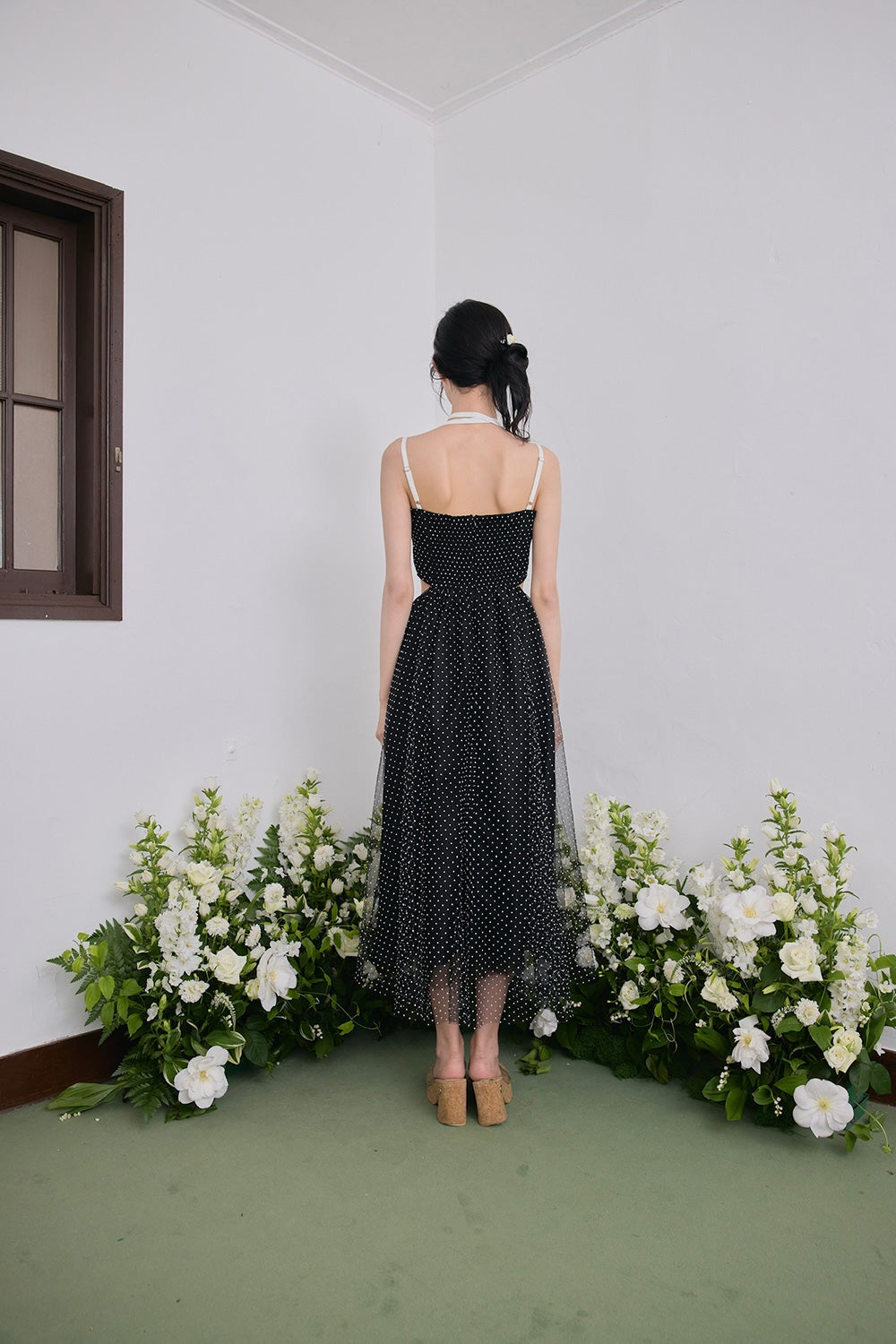 Dot tulle ribbon long dress