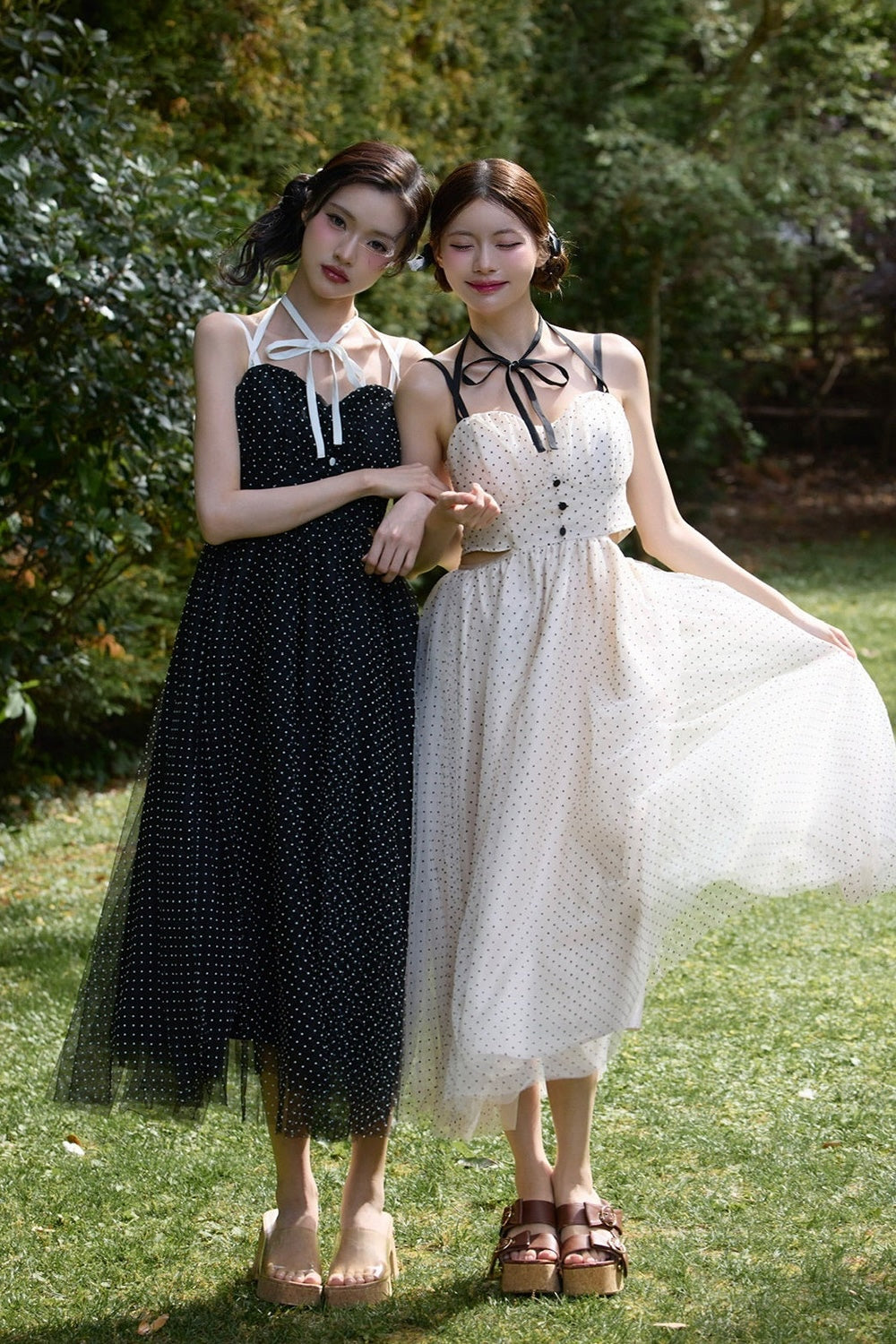Dot tulle ribbon long dress
