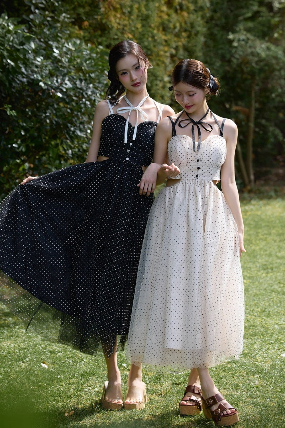 Dot tulle ribbon long dress