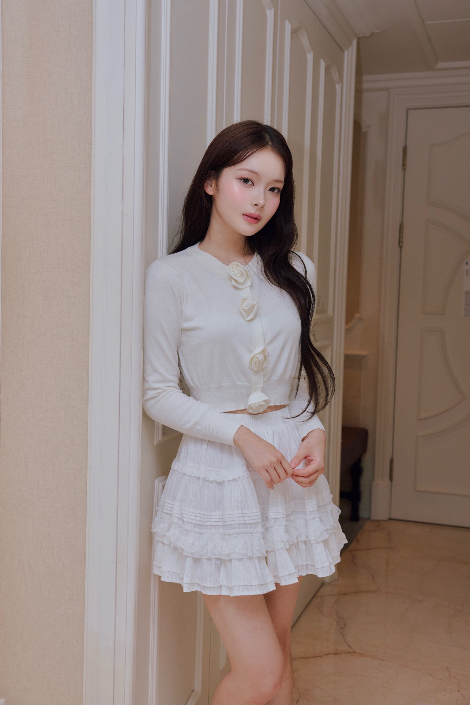rose motif lame knit cardigan