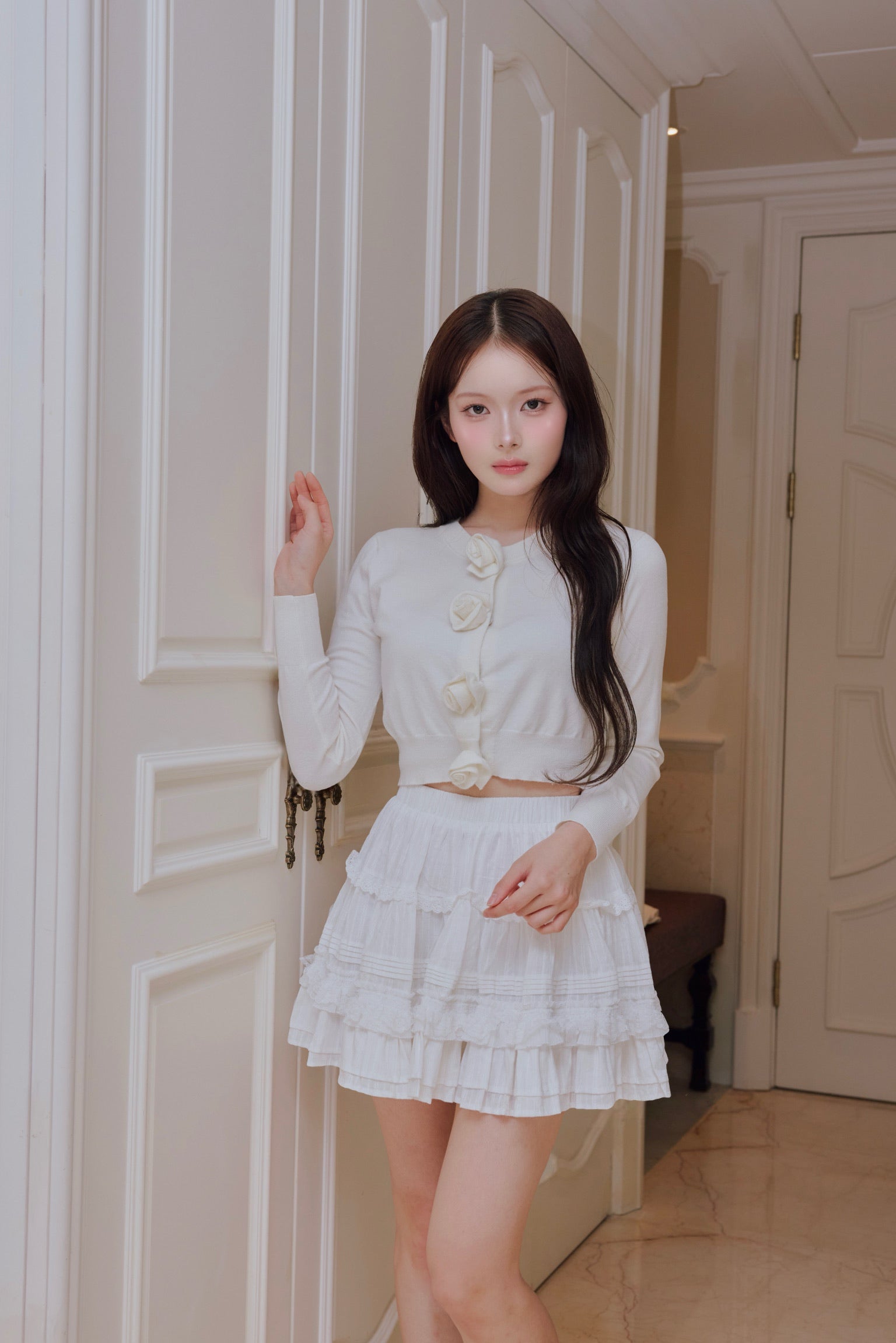 rose motif lame knit cardigan
