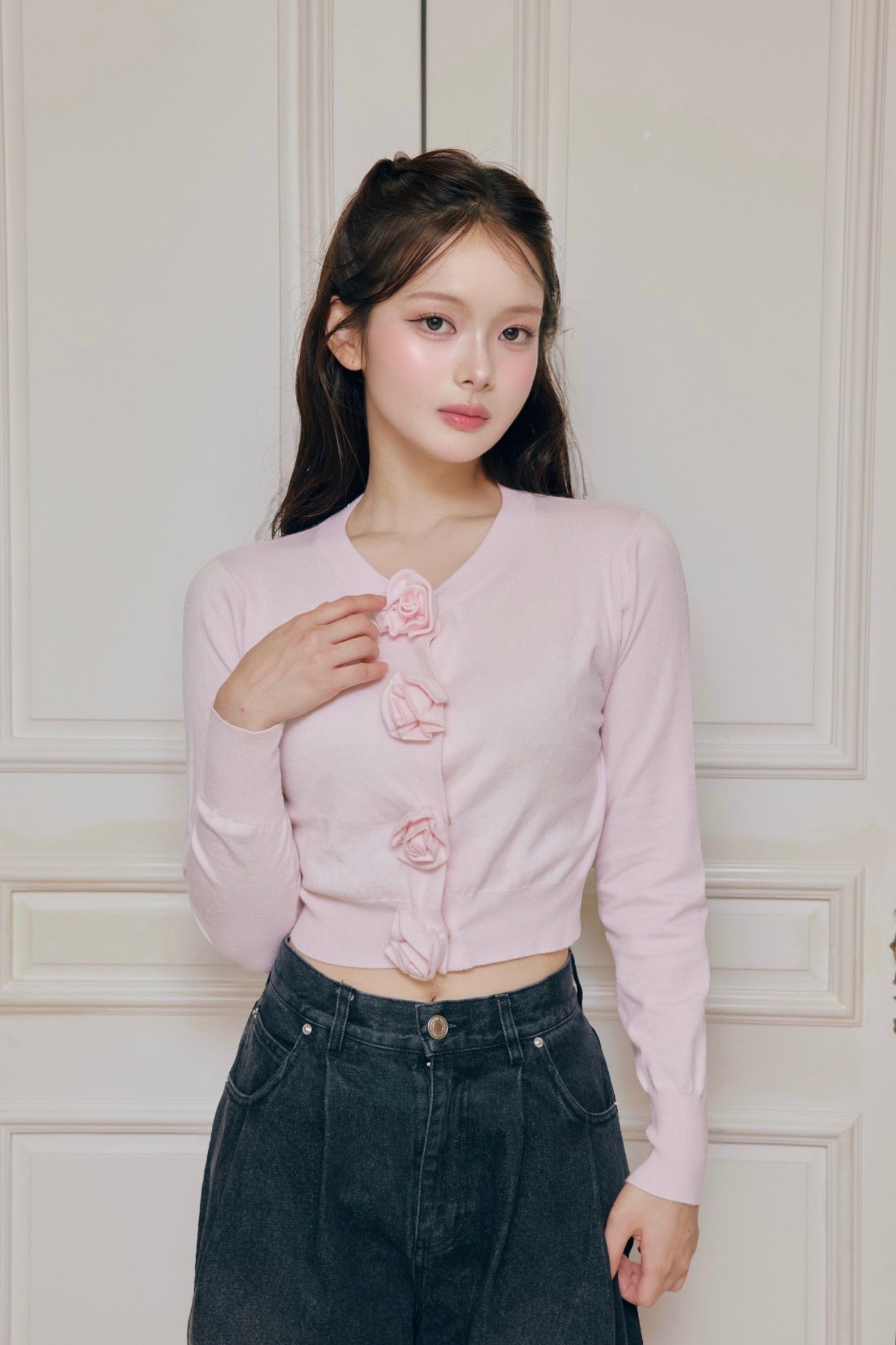 rose motif lame knit cardigan