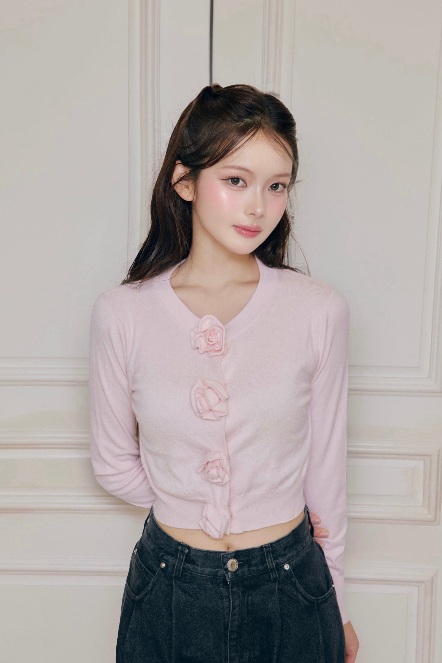 rose motif lame knit cardigan