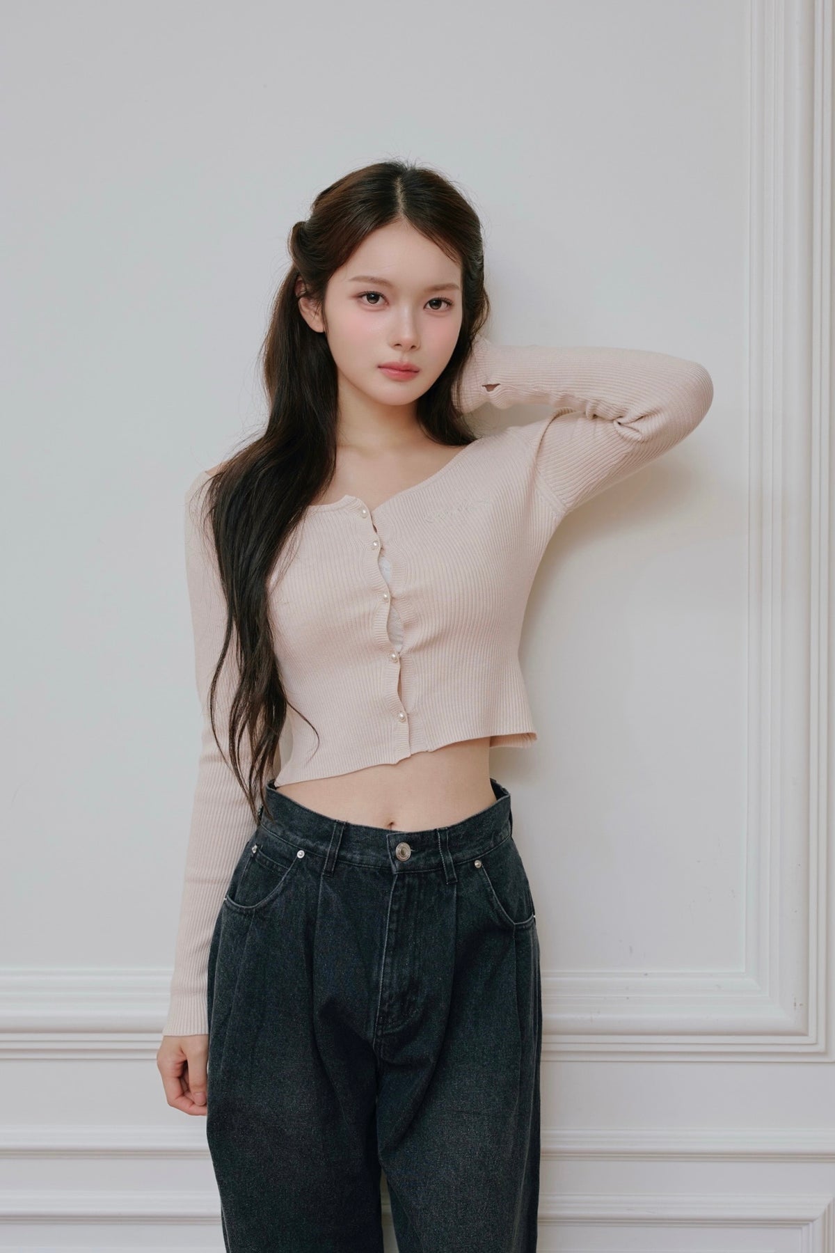 Pearl button rib knit tops