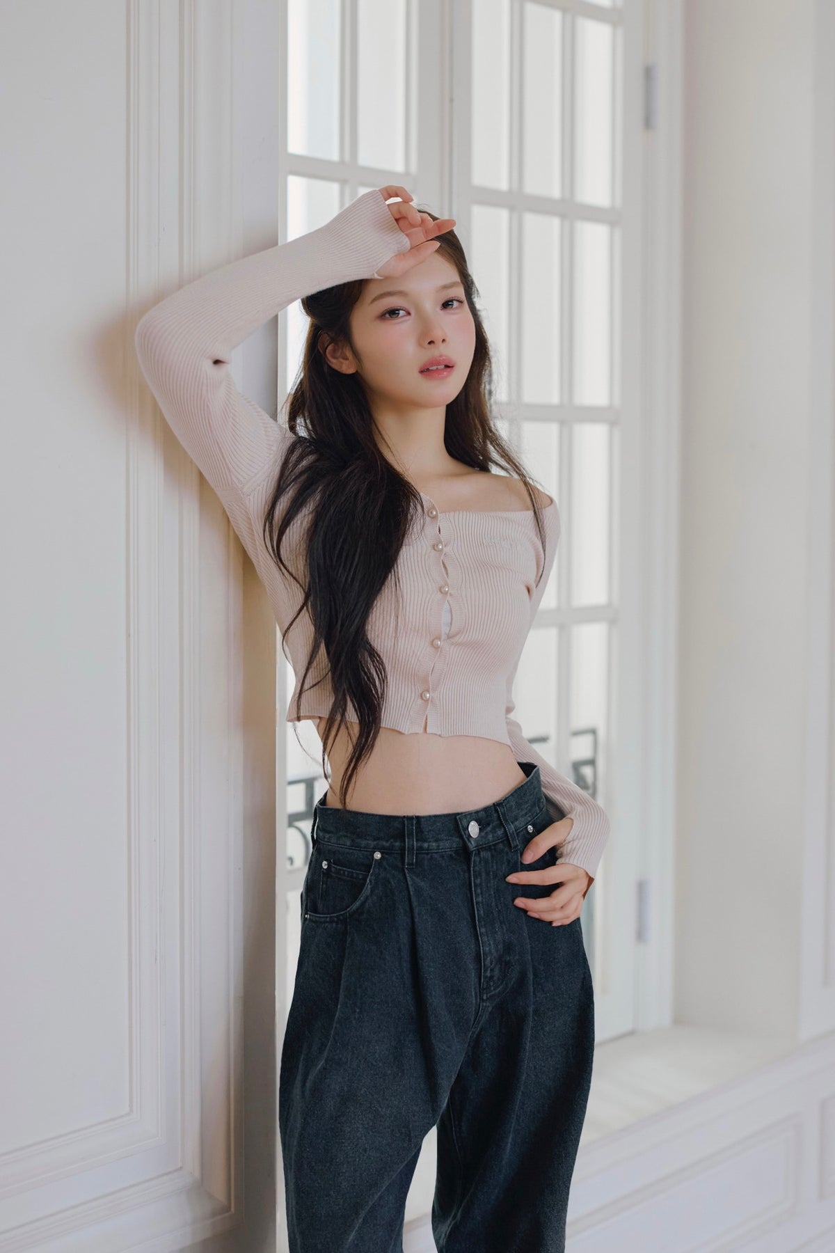 Pearl button rib knit tops