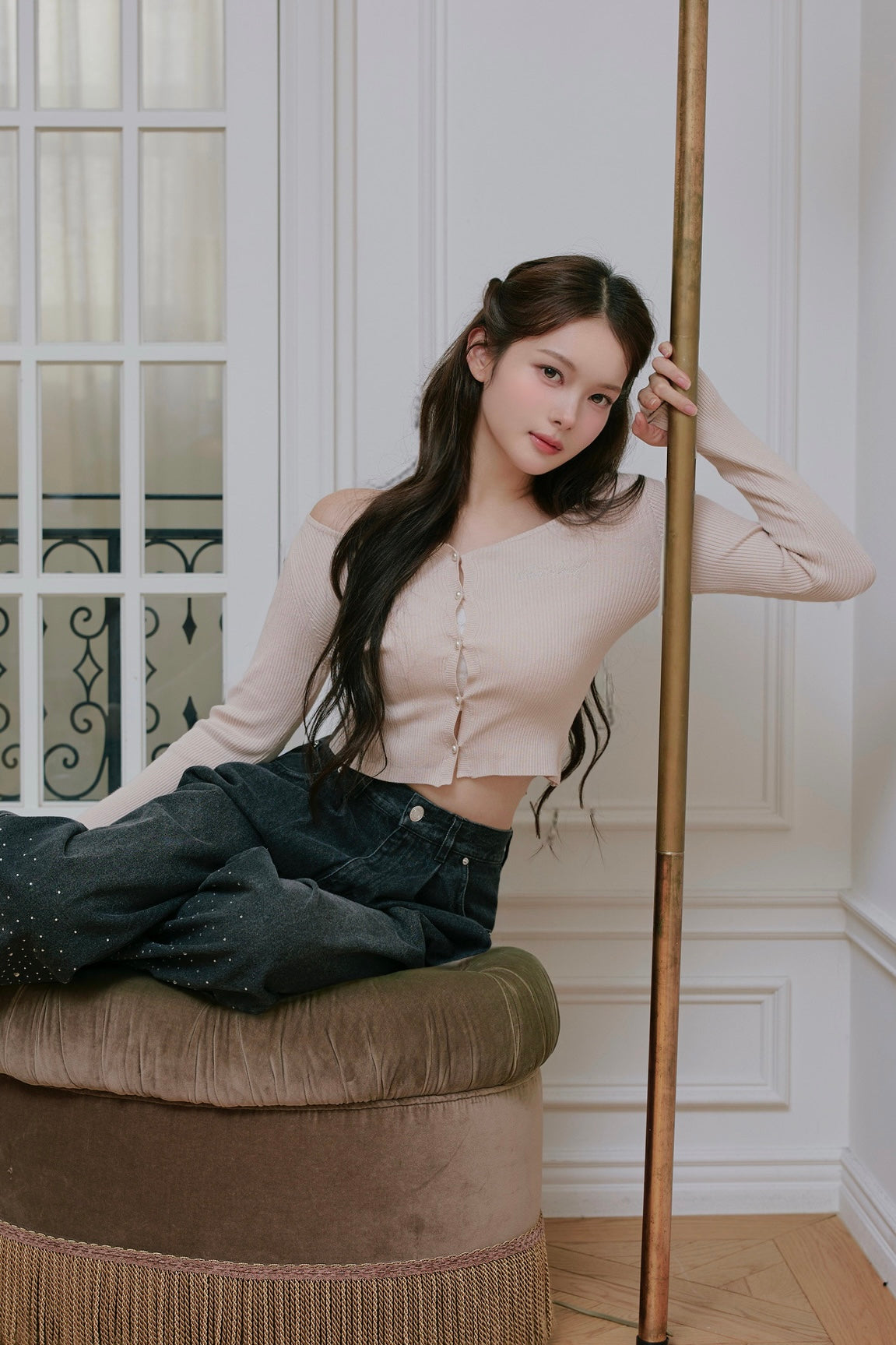 Pearl button rib knit tops