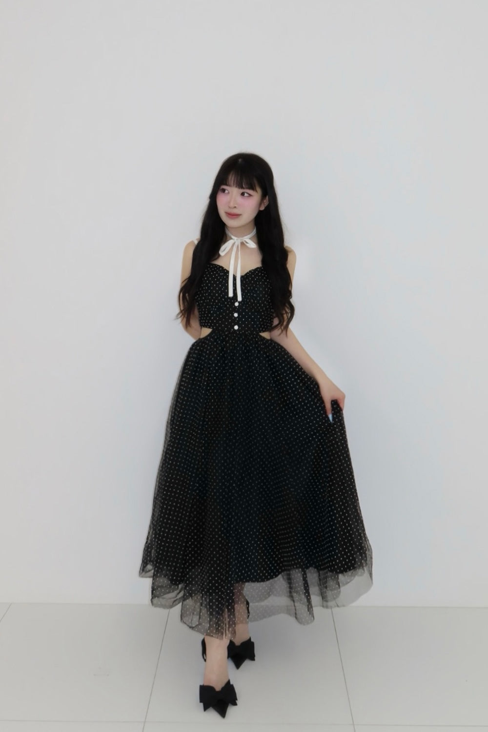 Dot tulle ribbon long dress