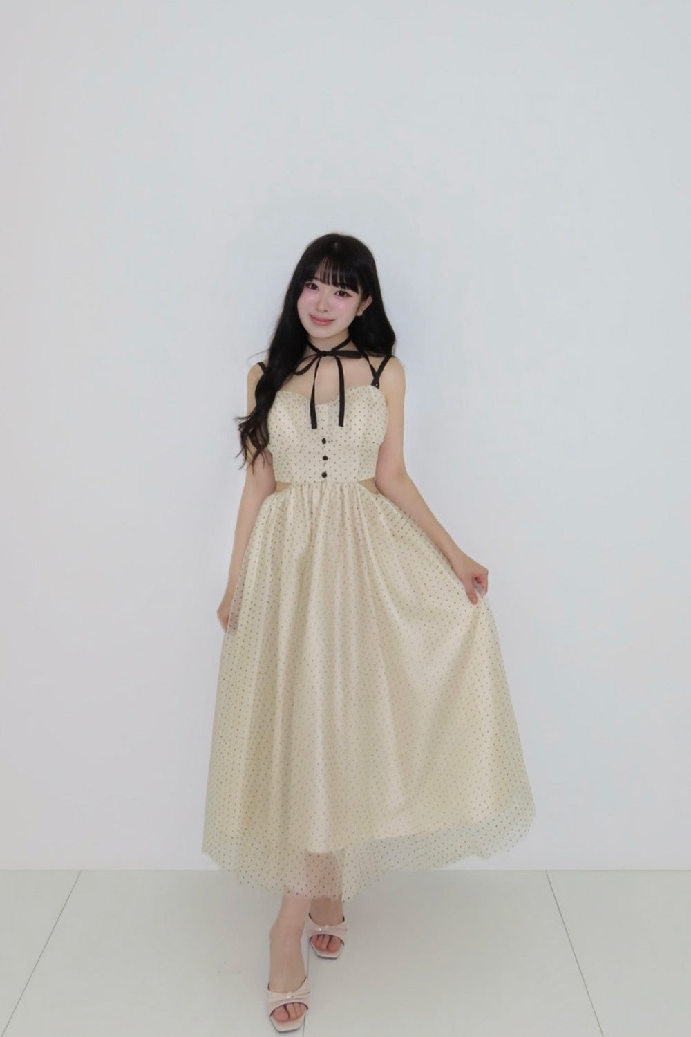 Dot tulle ribbon long dress