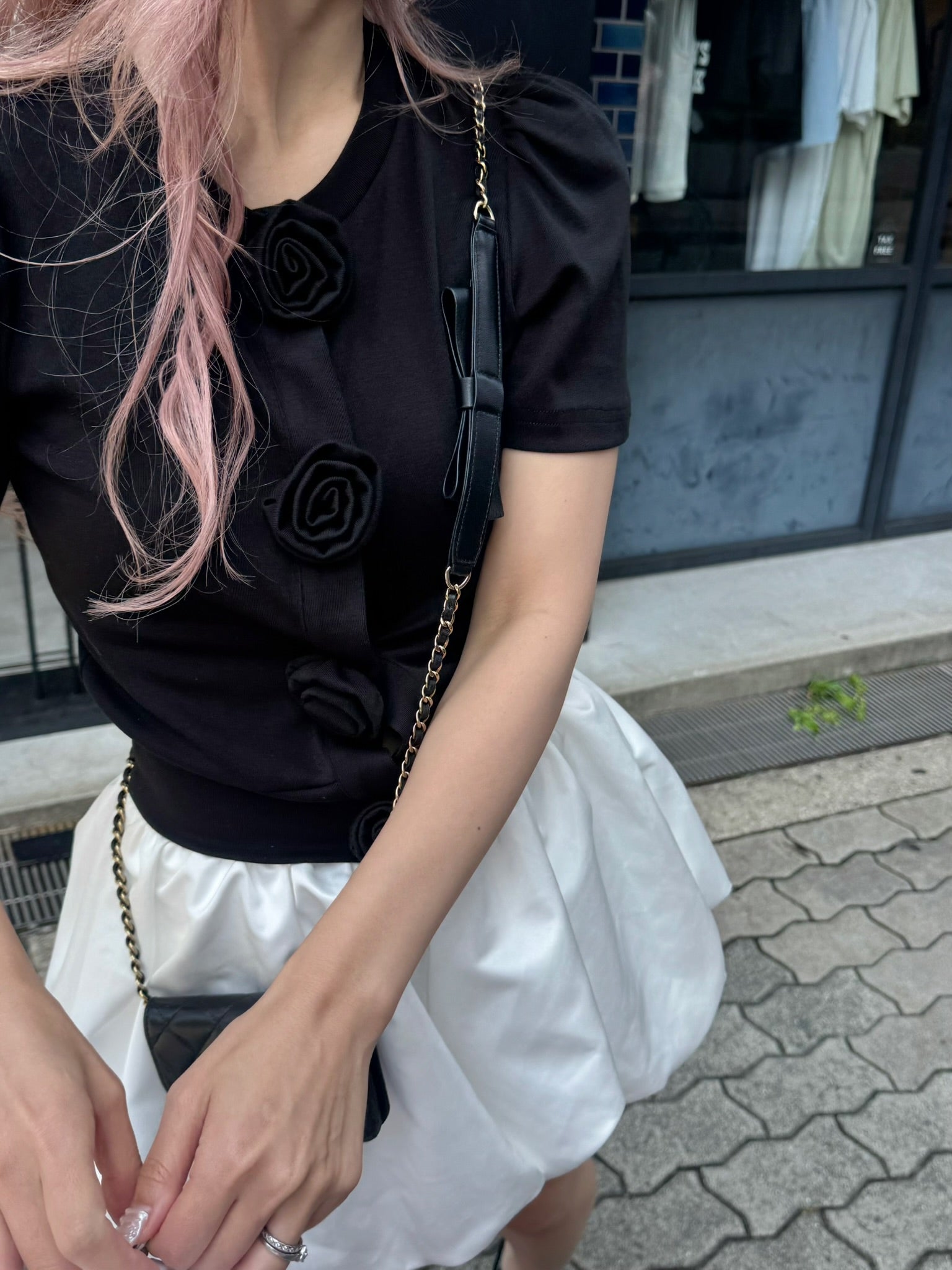 Rose flower motif short sleeve cardigan