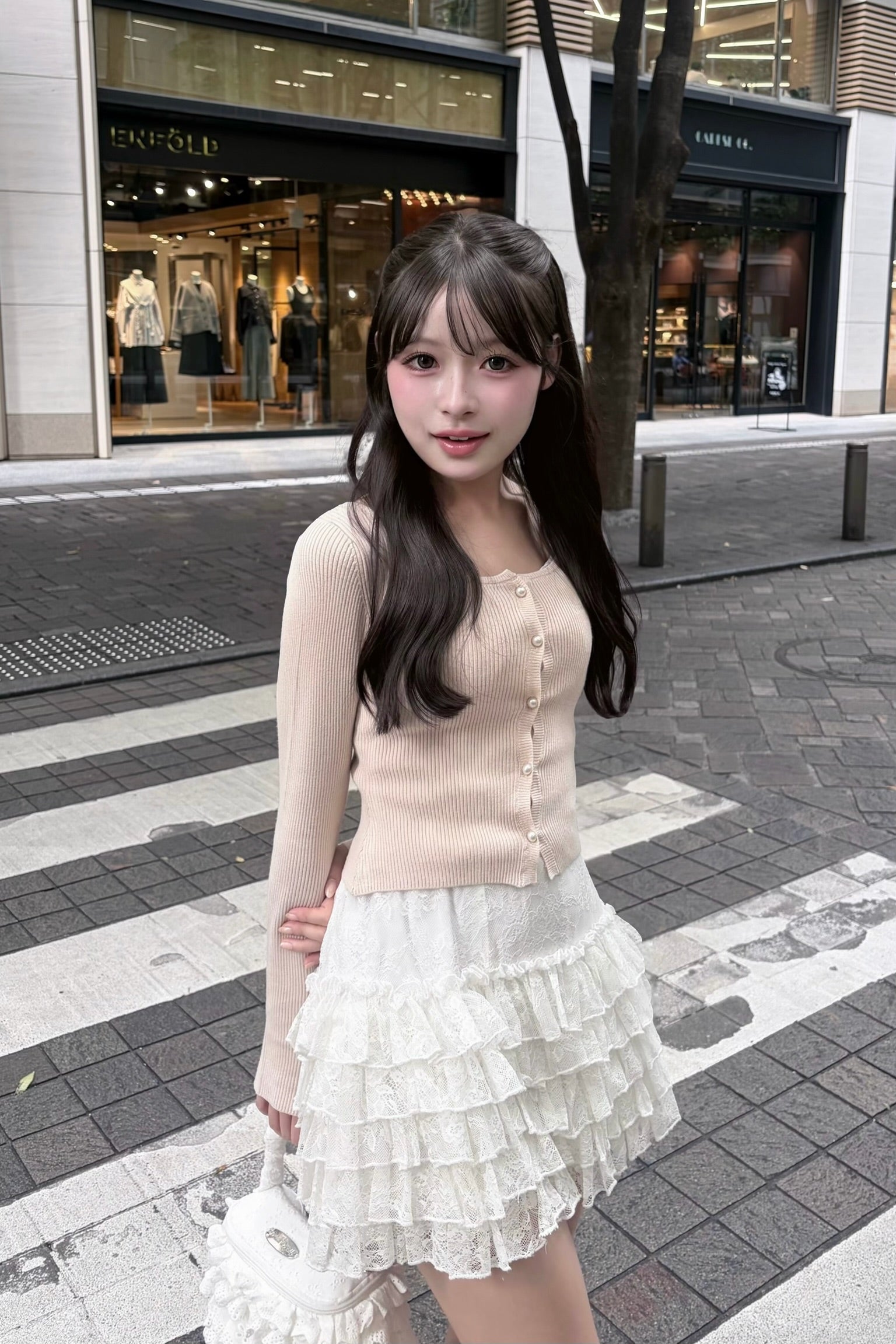 Pearl button rib knit tops