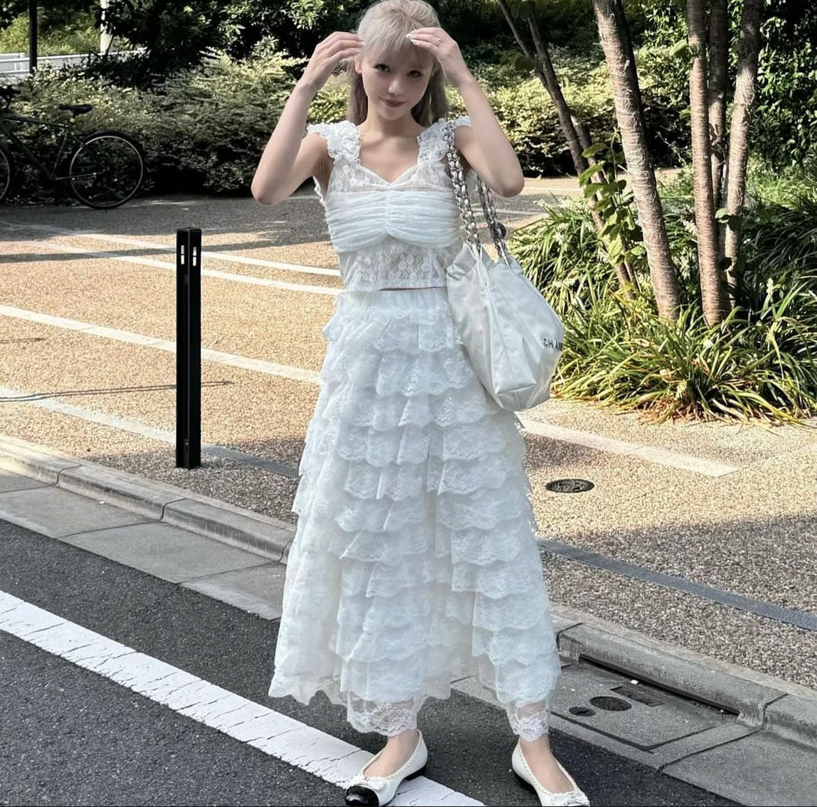 girly lace frill long skirt