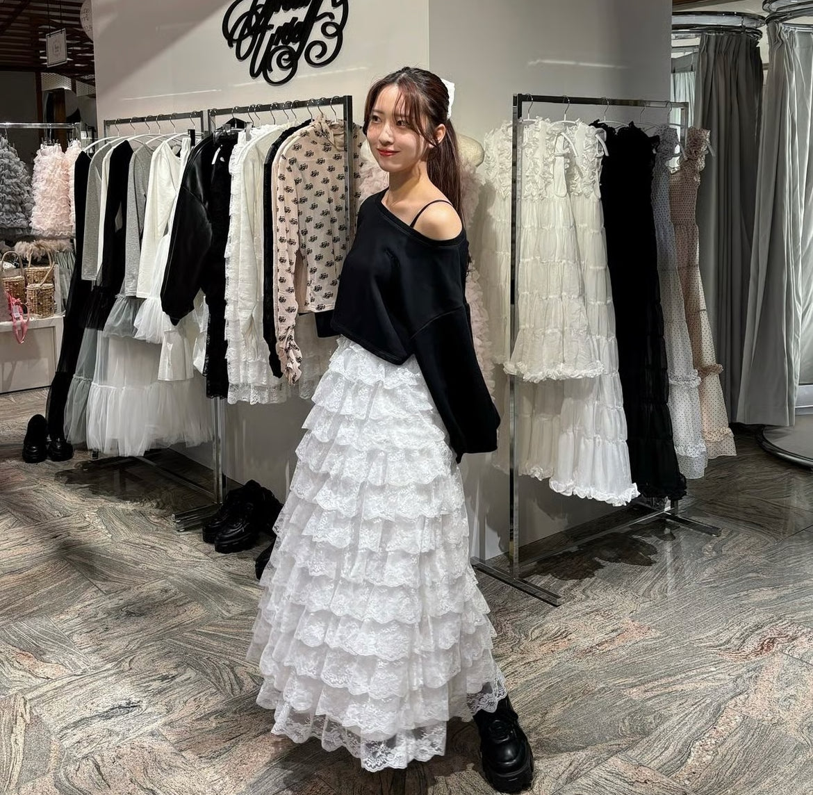 girly lace frill long skirt