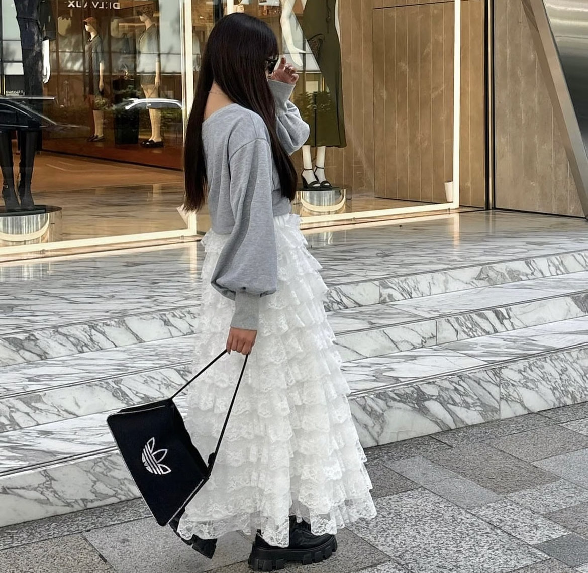 girly lace frill long skirt