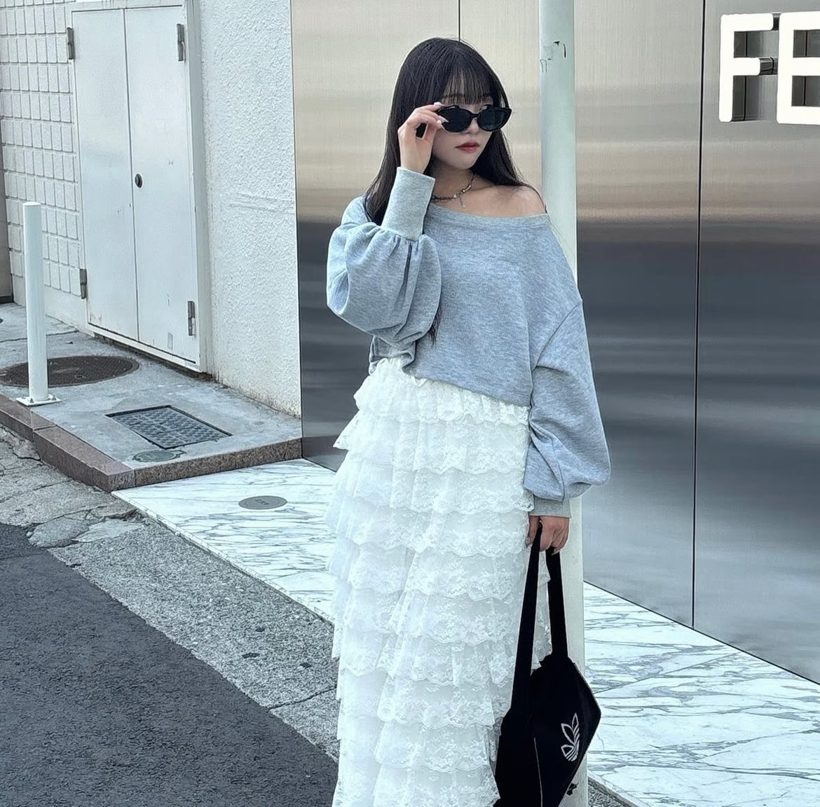 girly lace frill long skirt