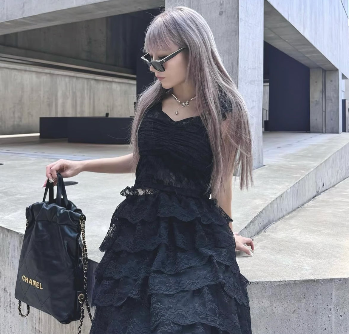 girly lace frill long skirt