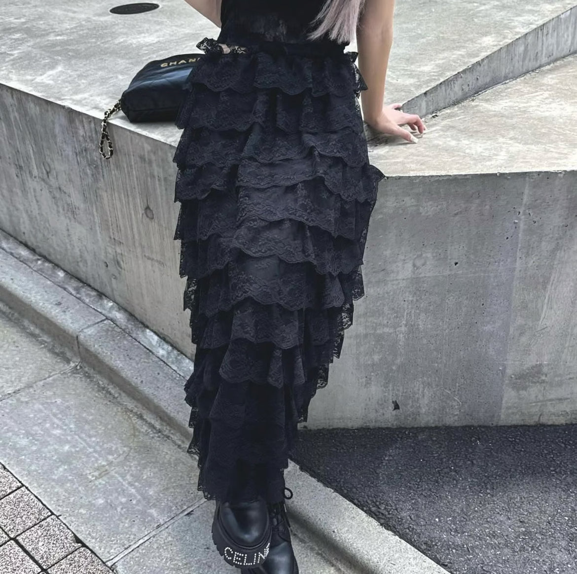girly lace frill long skirt