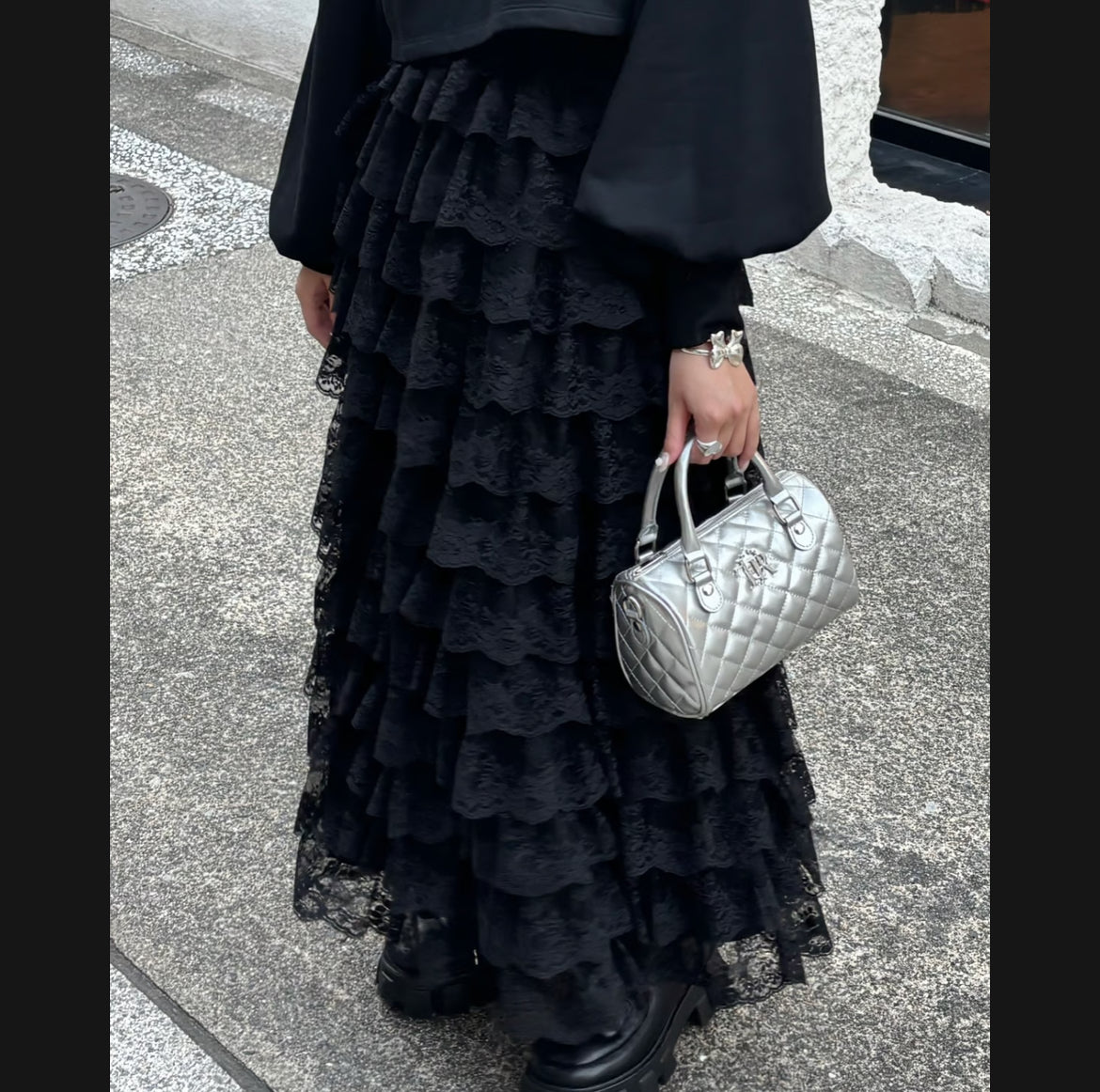girly lace frill long skirt