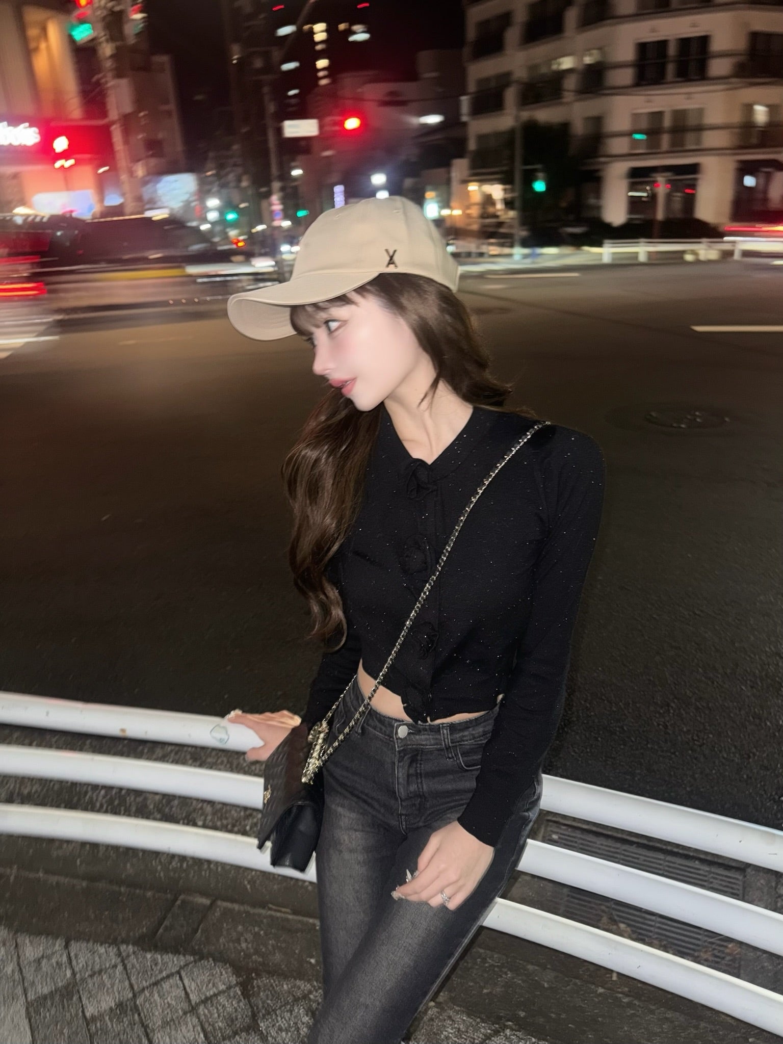 rose motif lame knit cardigan