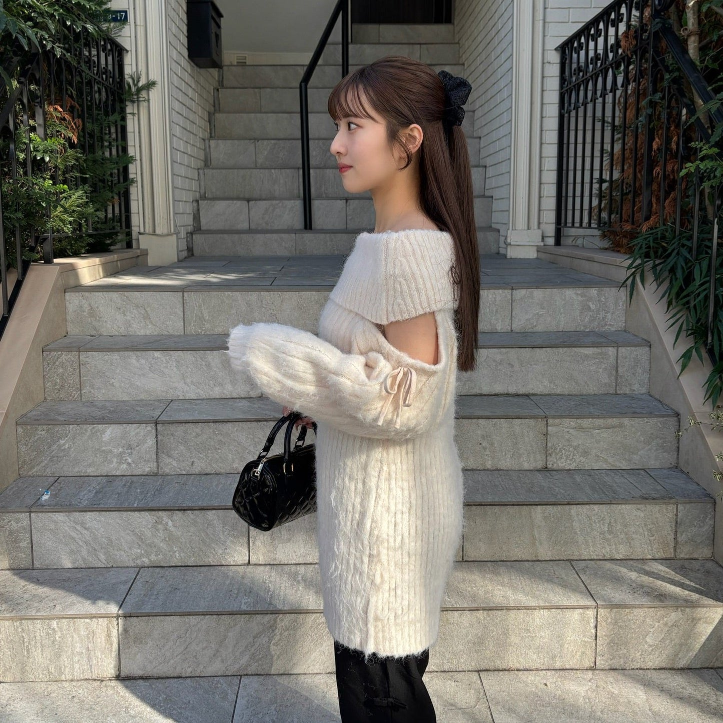 threat sleeve ribbon knit one-piece