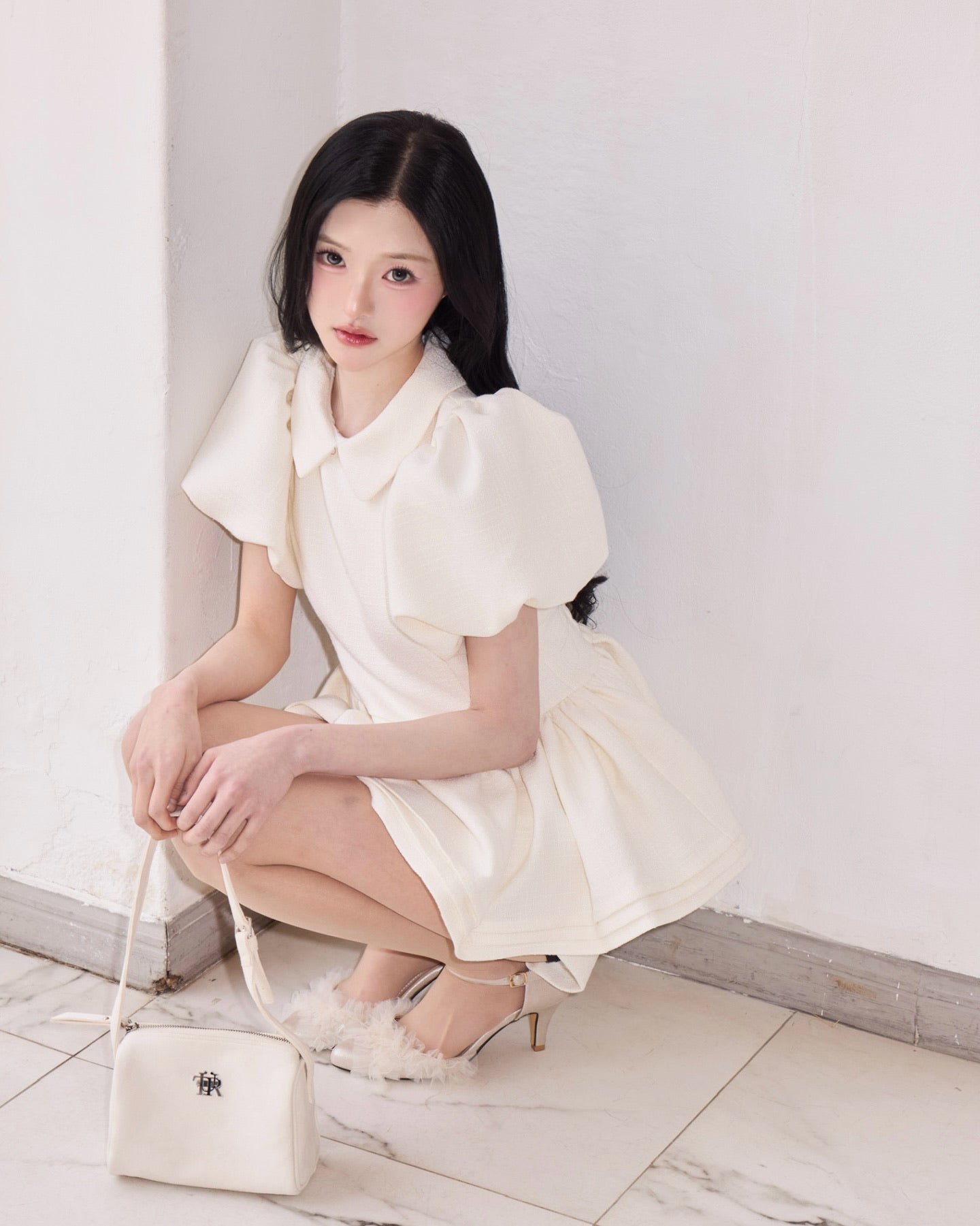 Daisy puff sleeve tweed tops