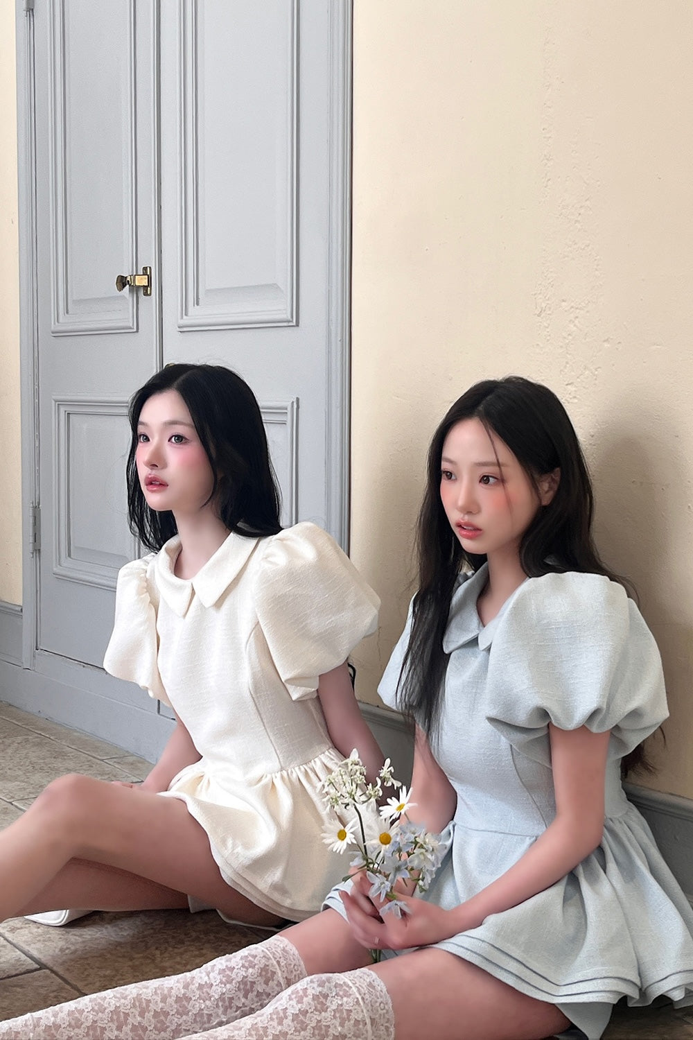 Daisy puff sleeve tweed tops