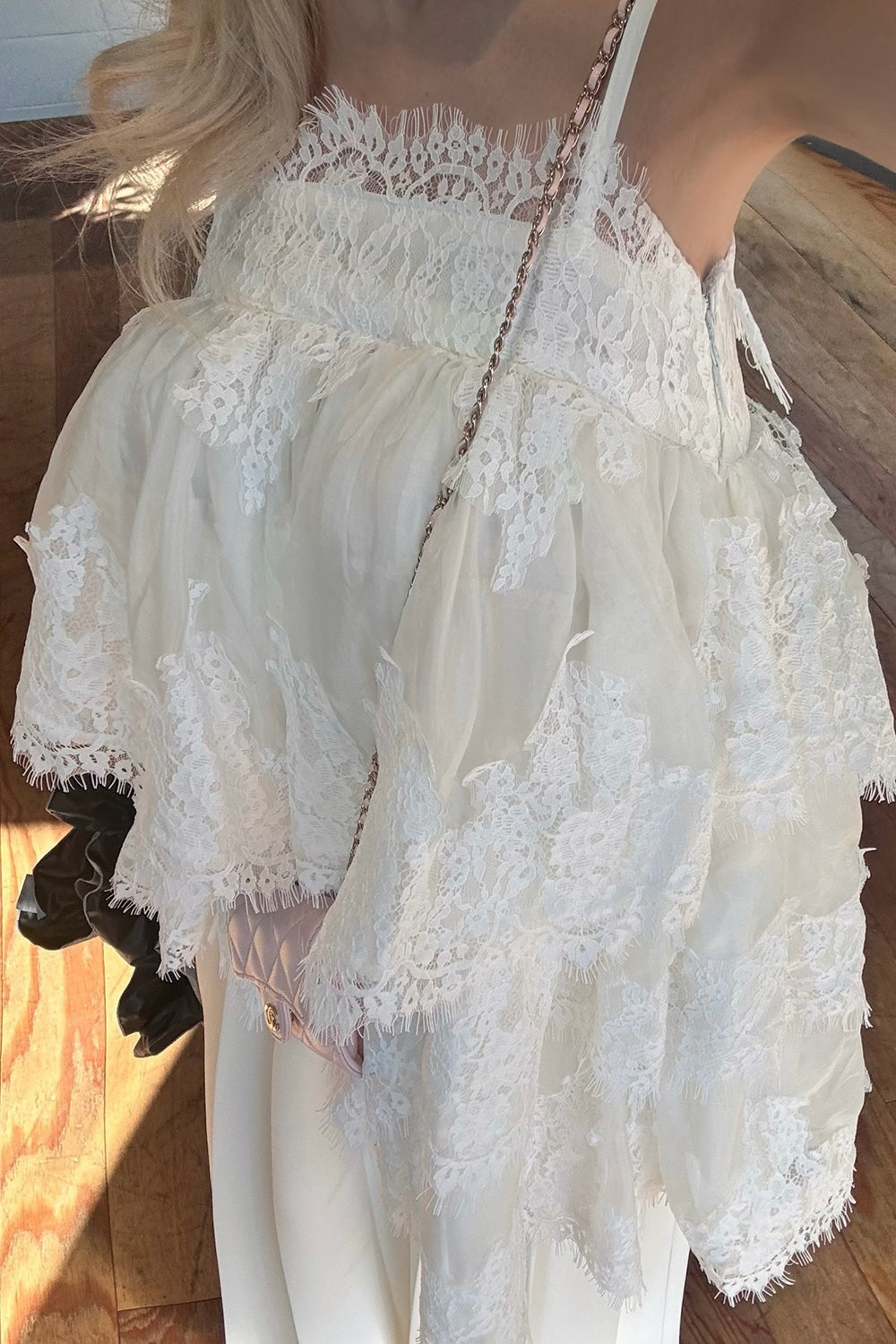 Volume lace sheer cami tops