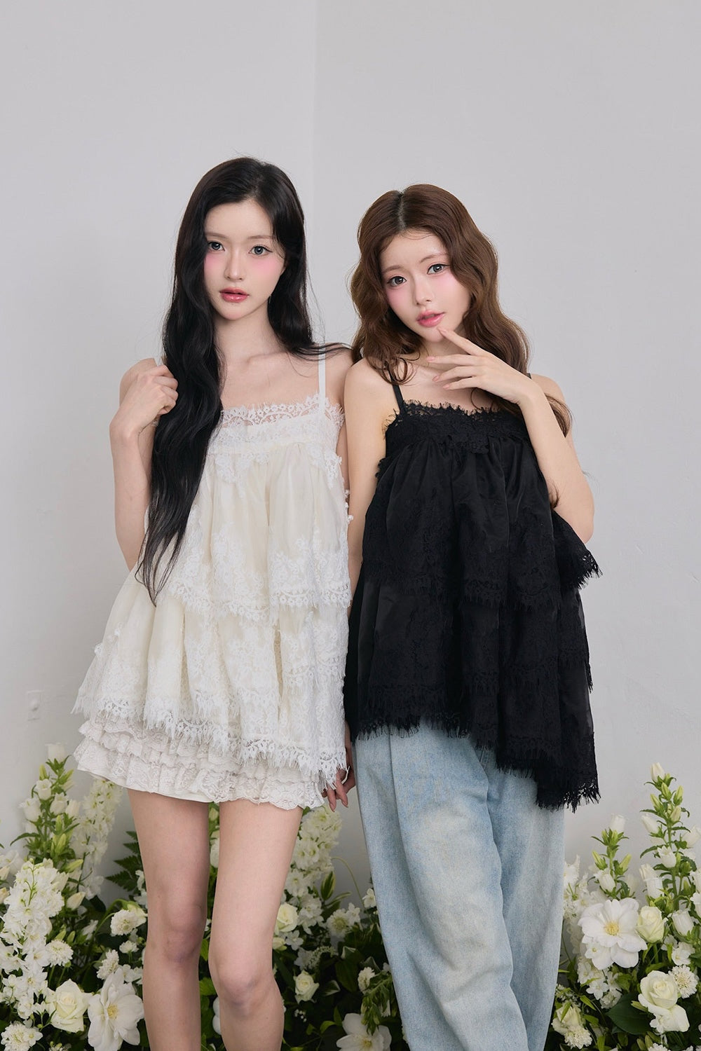 Volume lace sheer cami tops