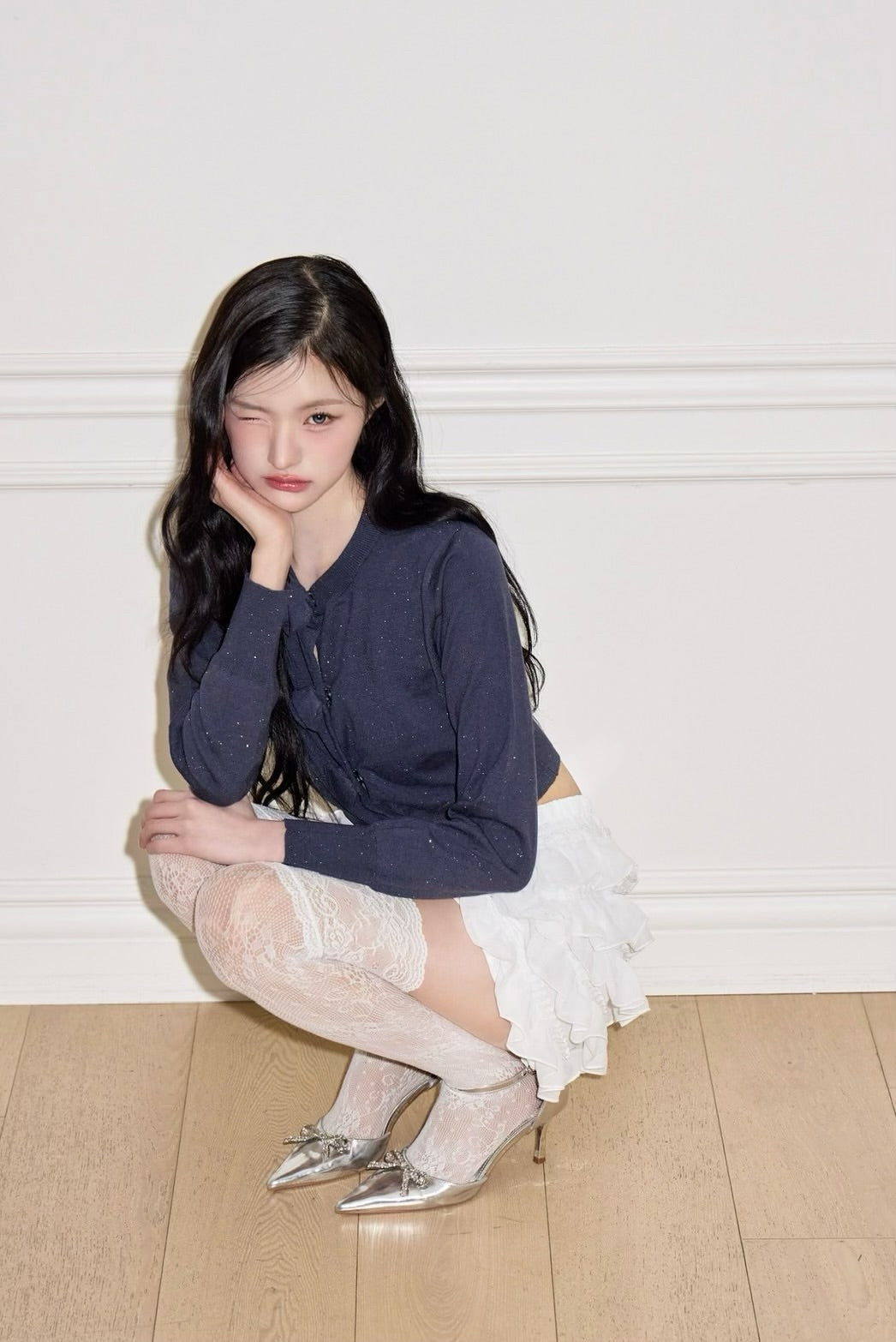 rose motif lame knit cardigan (navy)