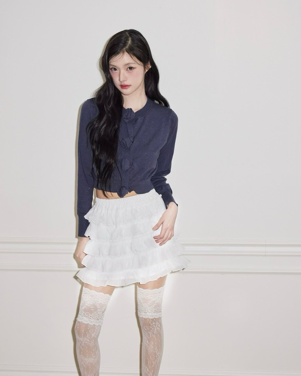 rose motif lame knit cardigan (navy)