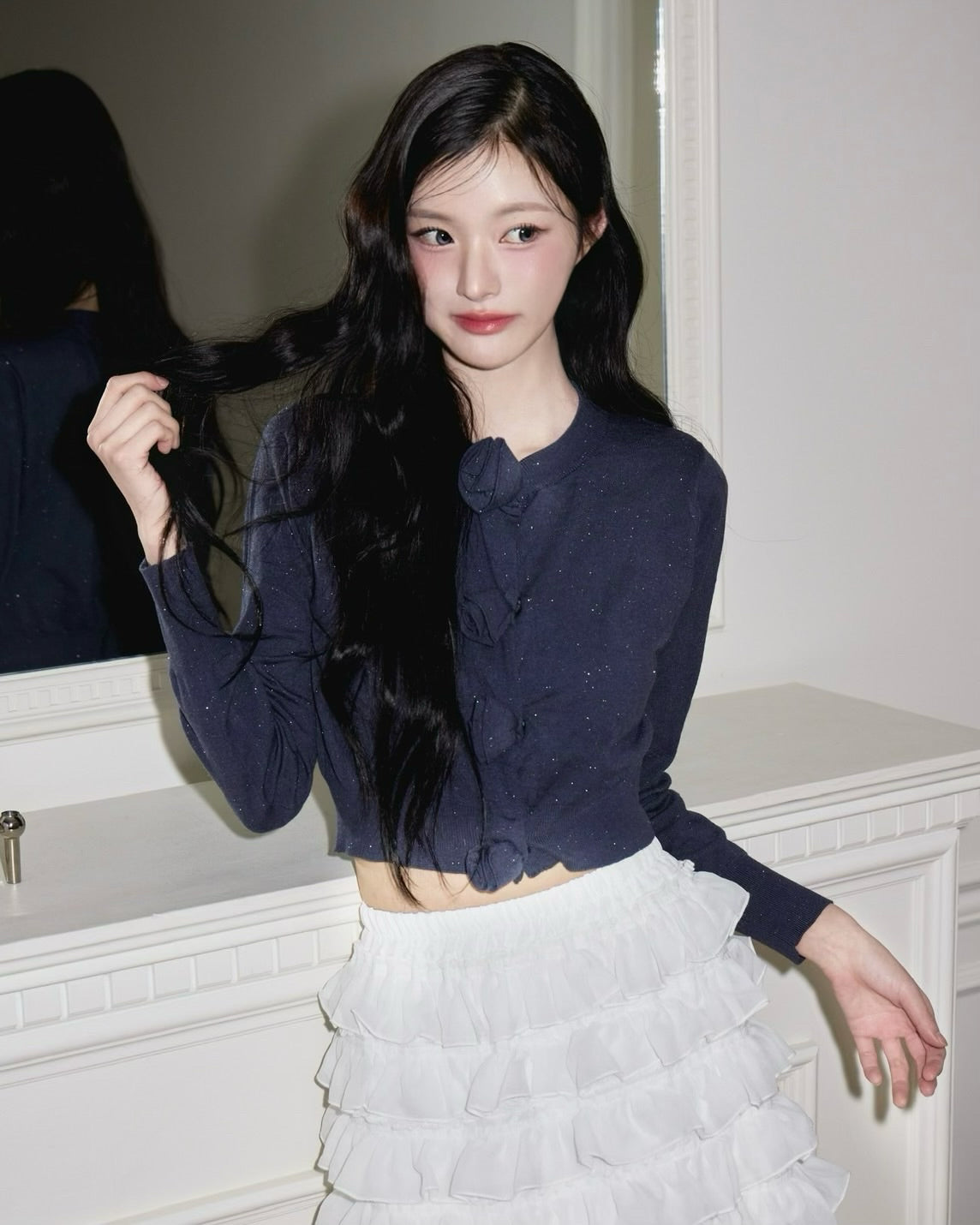 rose motif lame knit cardigan (navy)