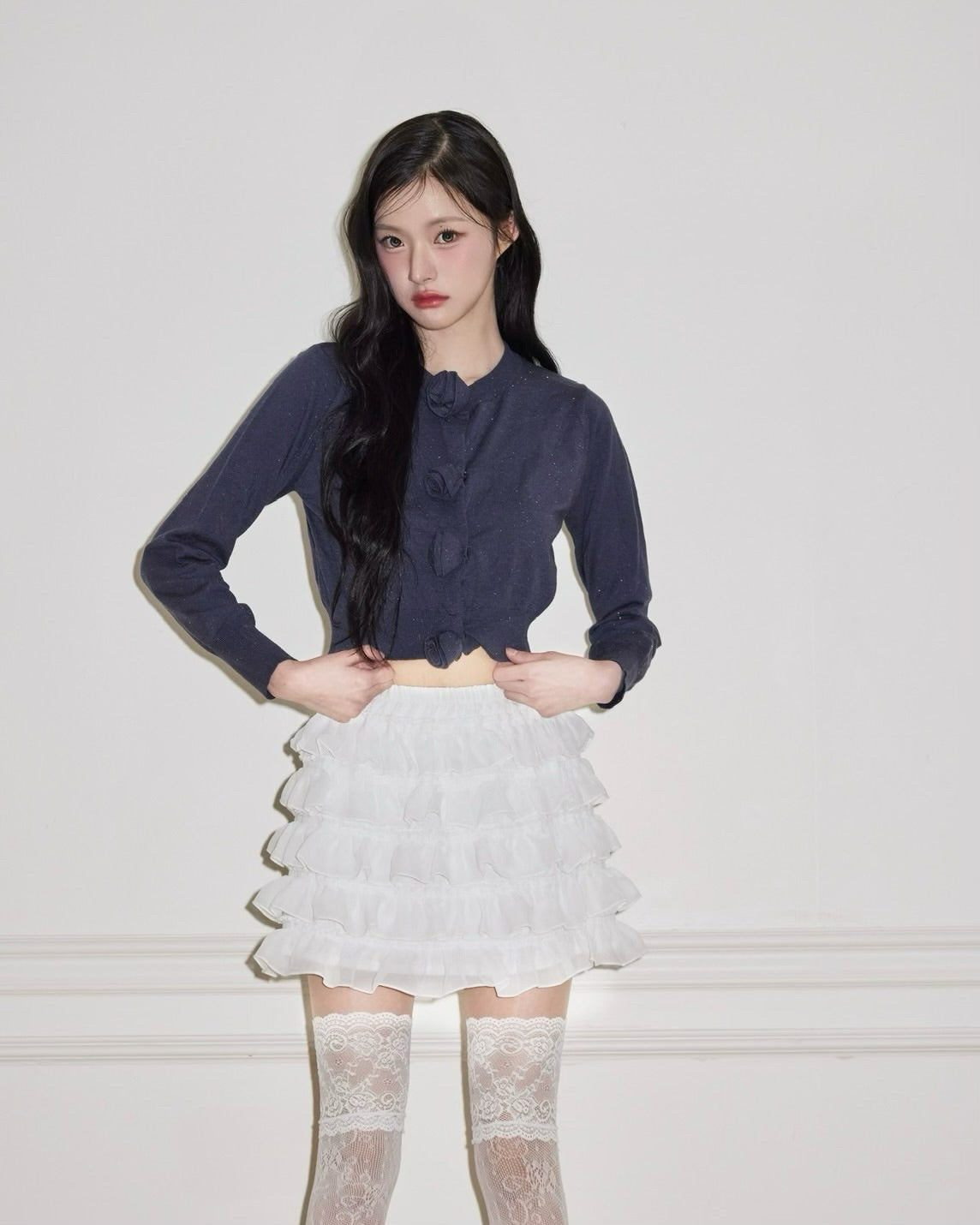 rose motif lame knit cardigan (navy)