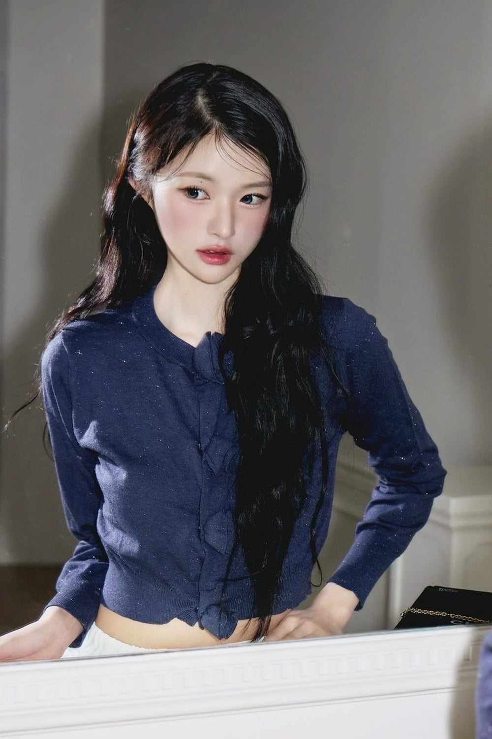 rose motif lame knit cardigan (navy)