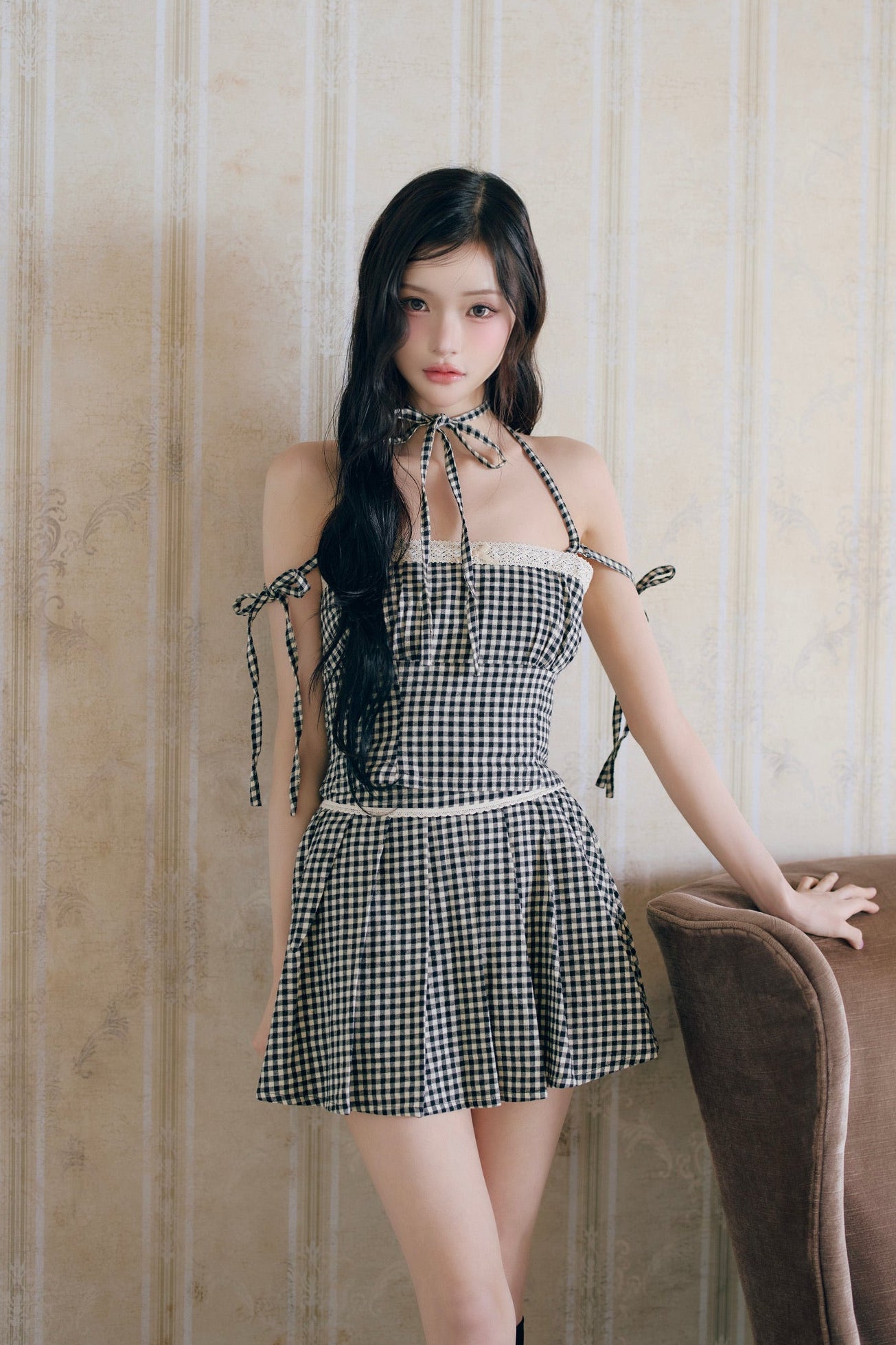 gingham check girly pleats skirt