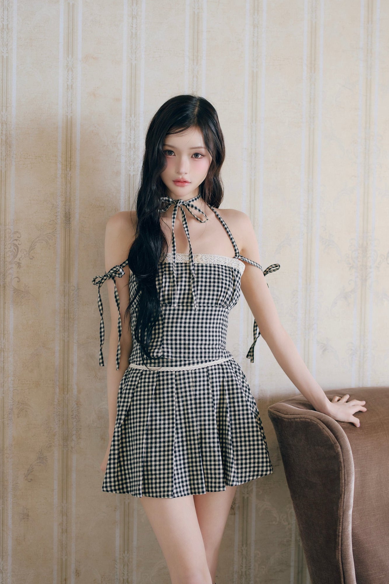 gingham check girly ribbon bustier