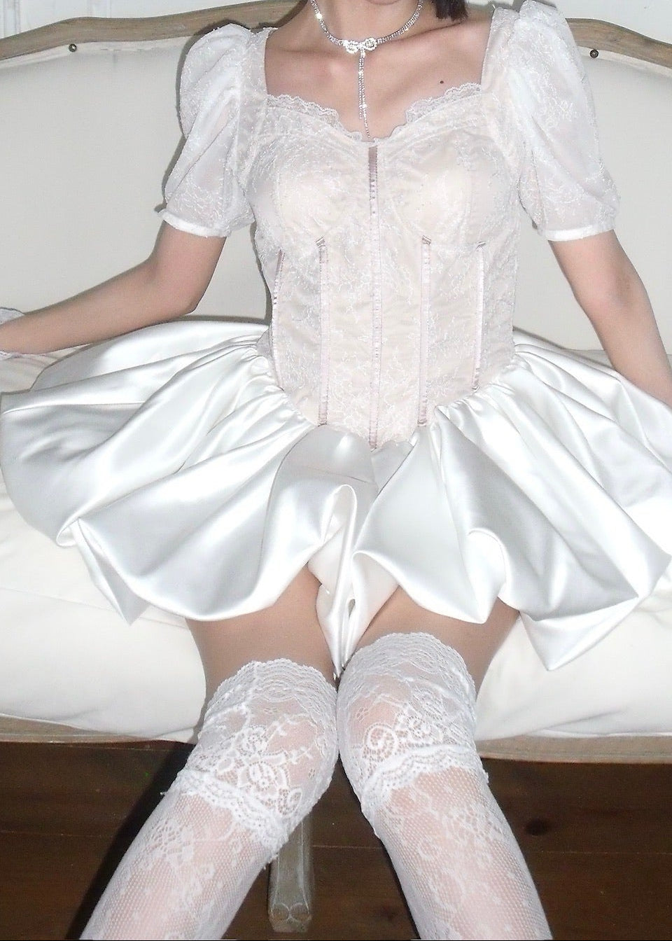 corset balloon lace satin dress(white)